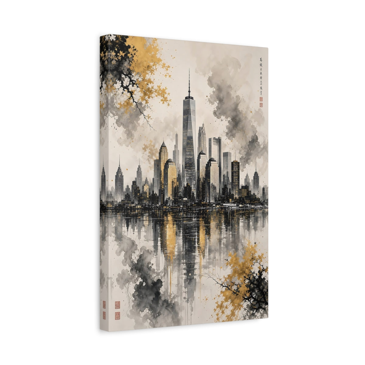 Side Mockup 4. Abstract New York Skyline Gold And Black Skyline shown as stretched canvas wall art