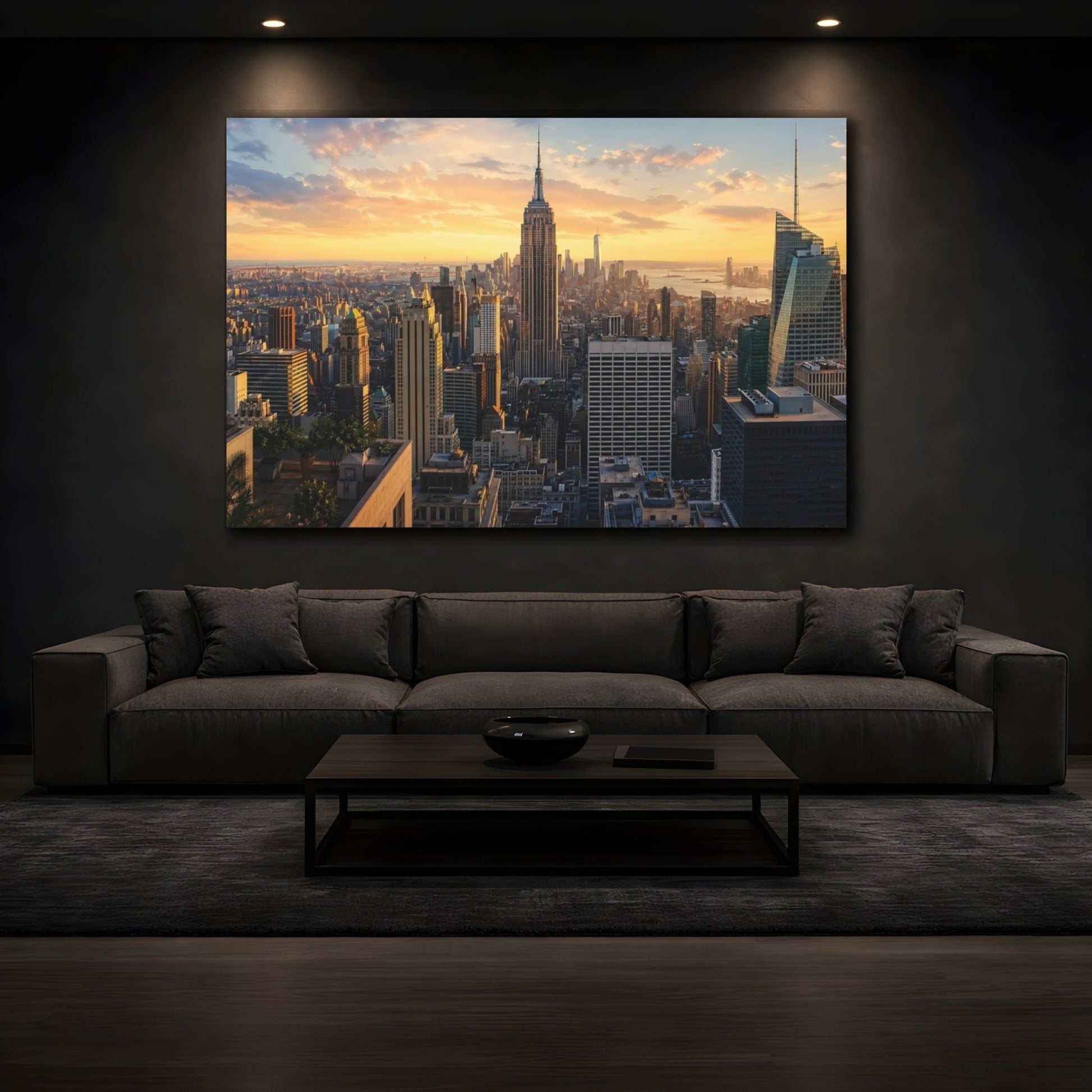 Abstract Nyc Skyline Golden Cityscape Canvas Wall Art Print – Modern Living Room, Above Console Table - YesArtYes