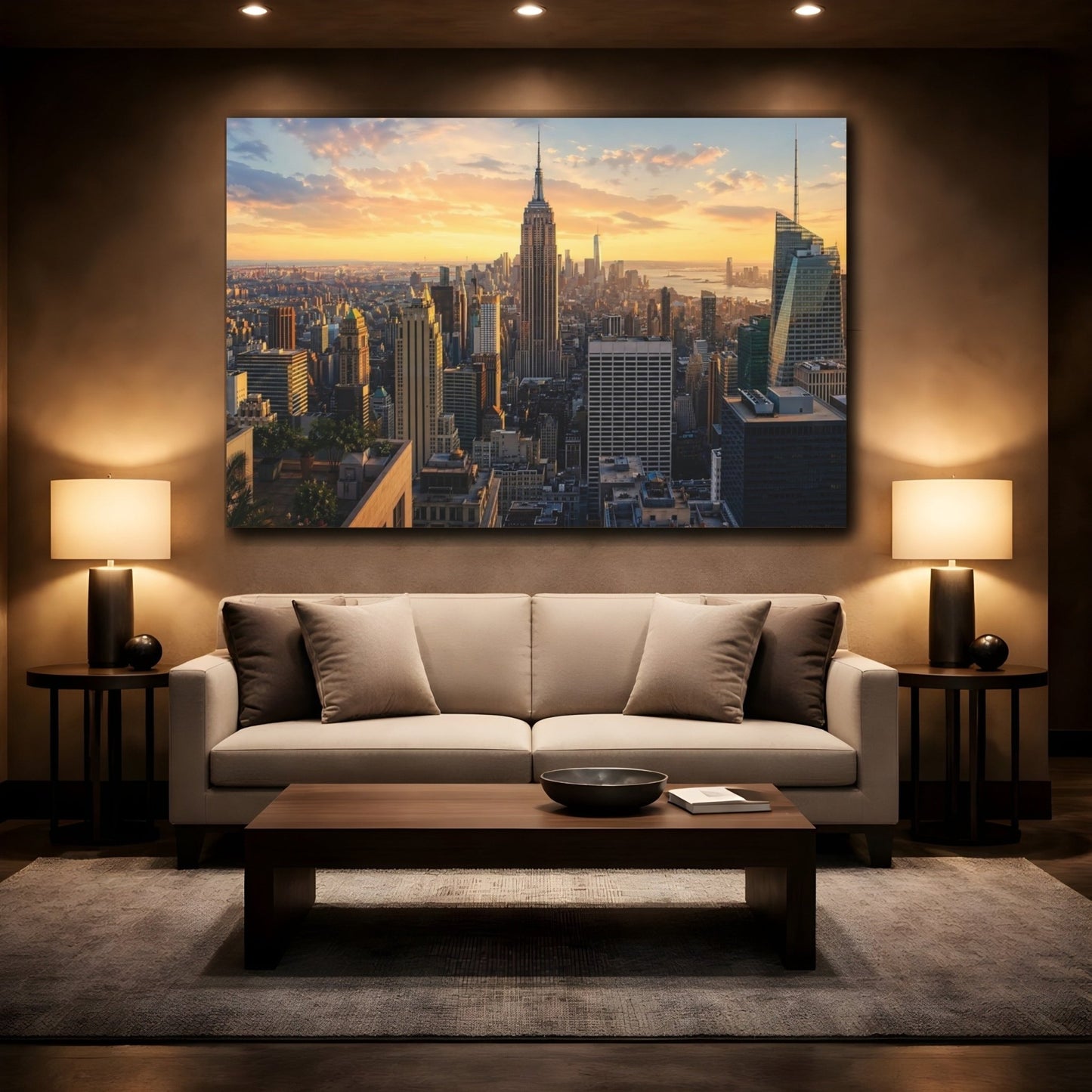 Abstract Nyc Skyline Golden Cityscape Canvas Wall Art Print – Modern Living Room, Above Console Table - YesArtYes