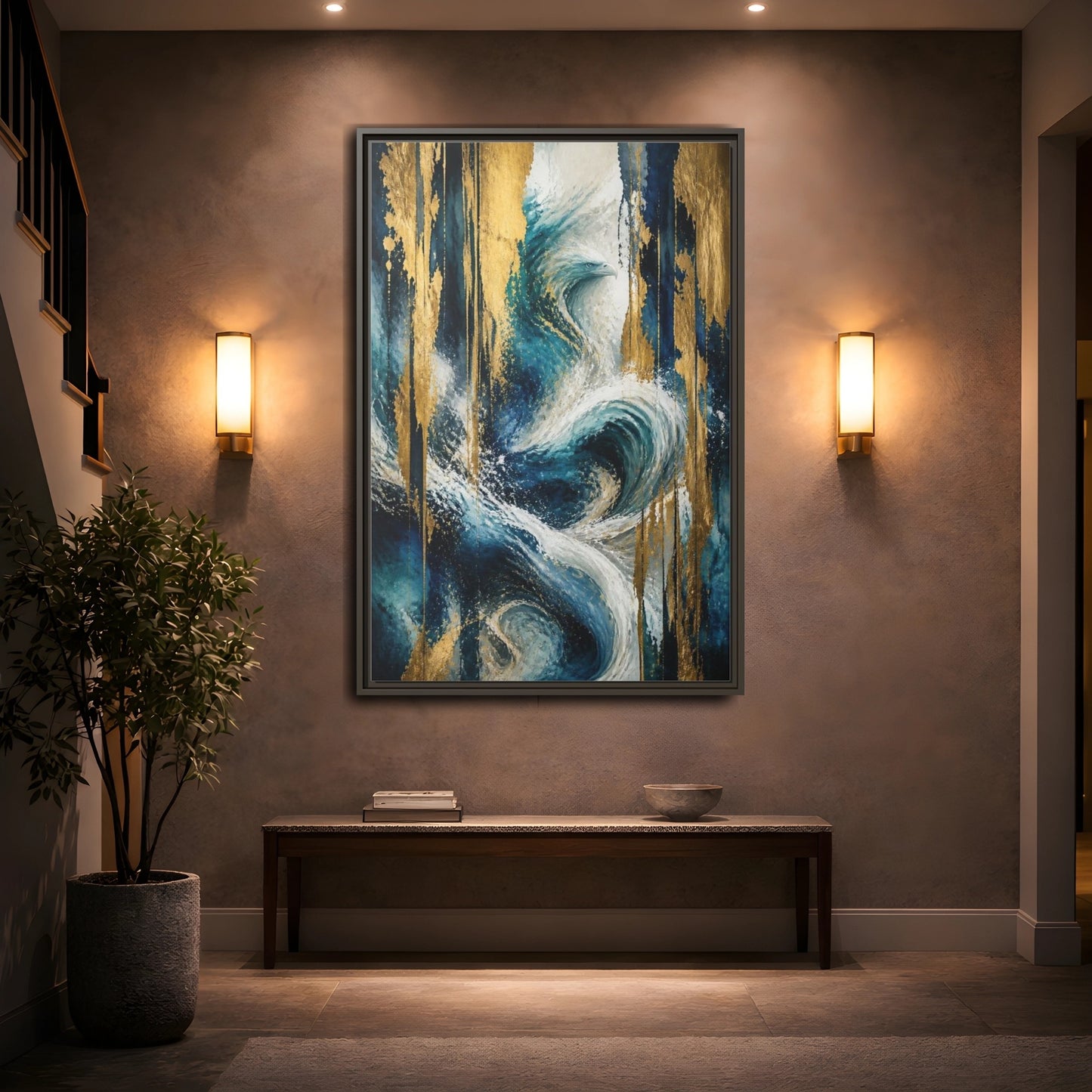 Mockup 2. Abstract Ocean Eagle shown as framed canvas print