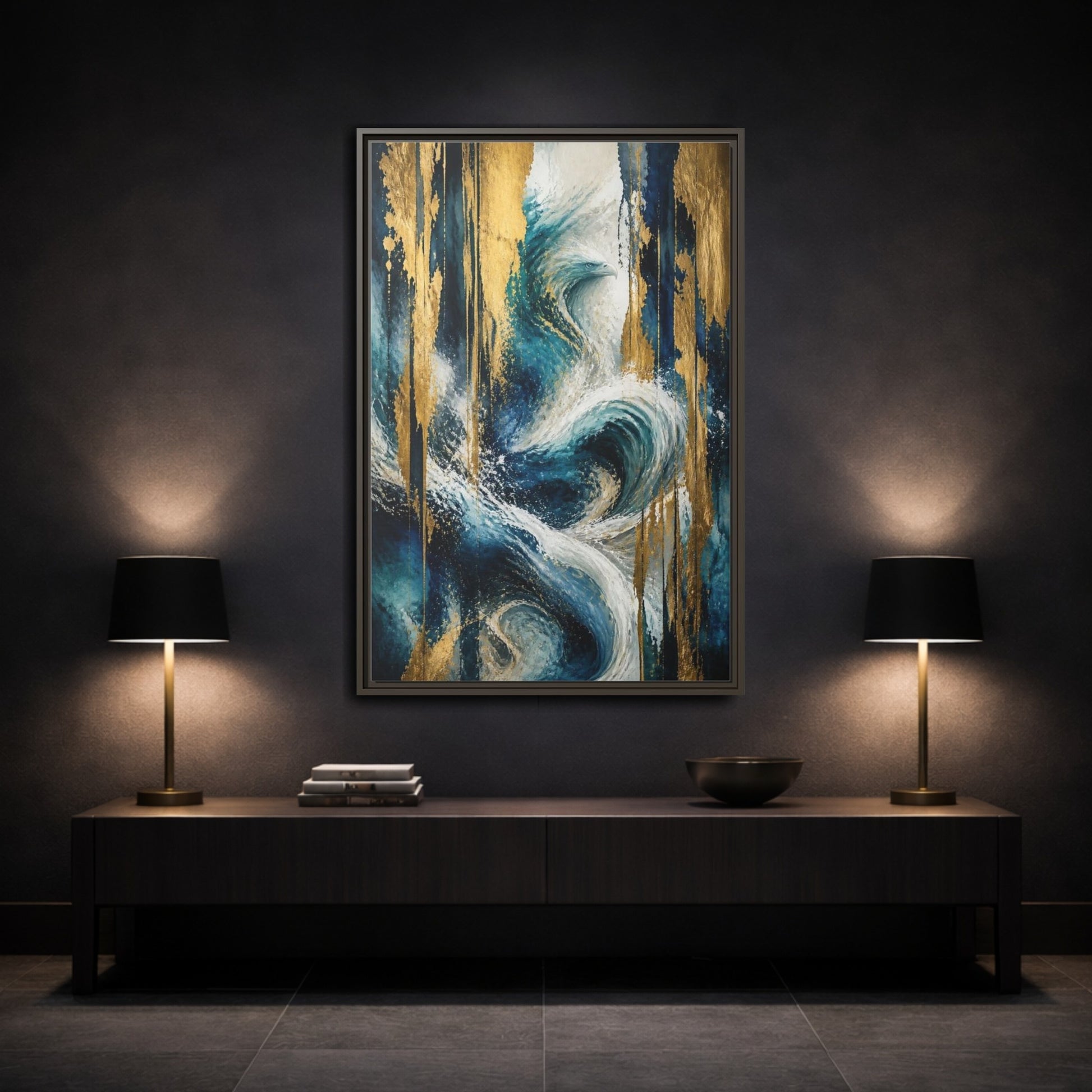 Mockup 3. Abstract Ocean Eagle shown as framed canvas print