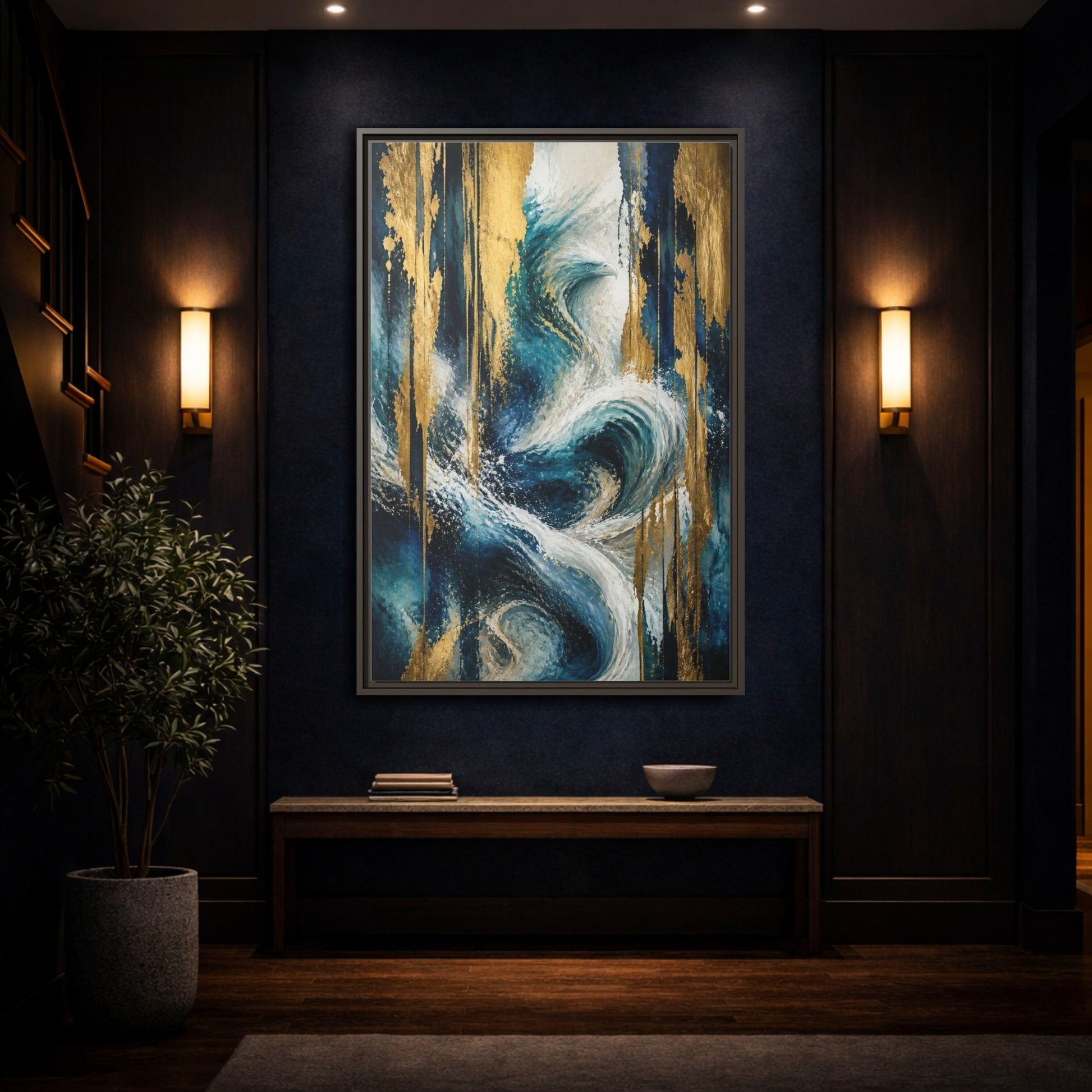 Mockup 4. Abstract Ocean Eagle shown as framed canvas print