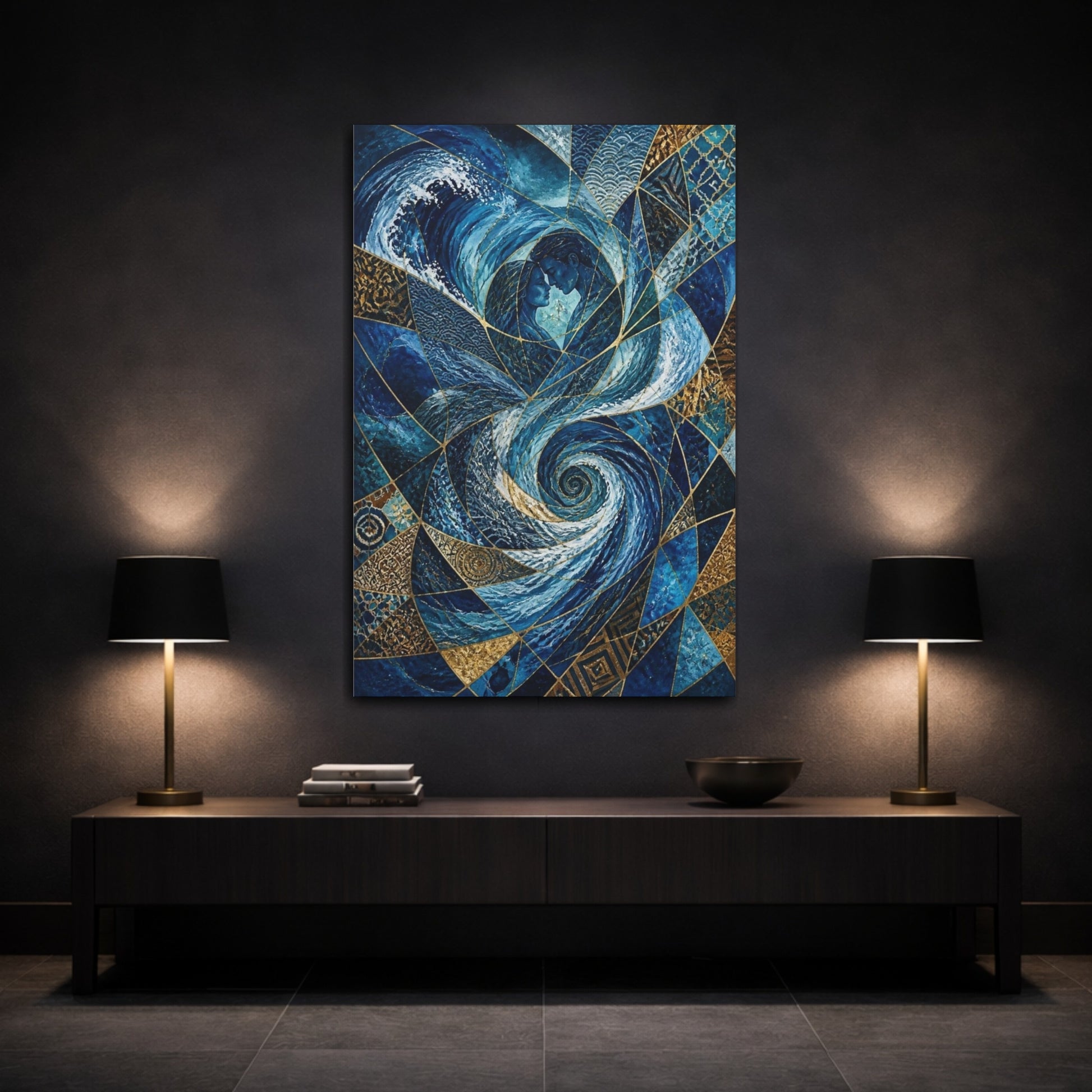 Mockup 3. Abstract Ocean Embrace shown as canvas print