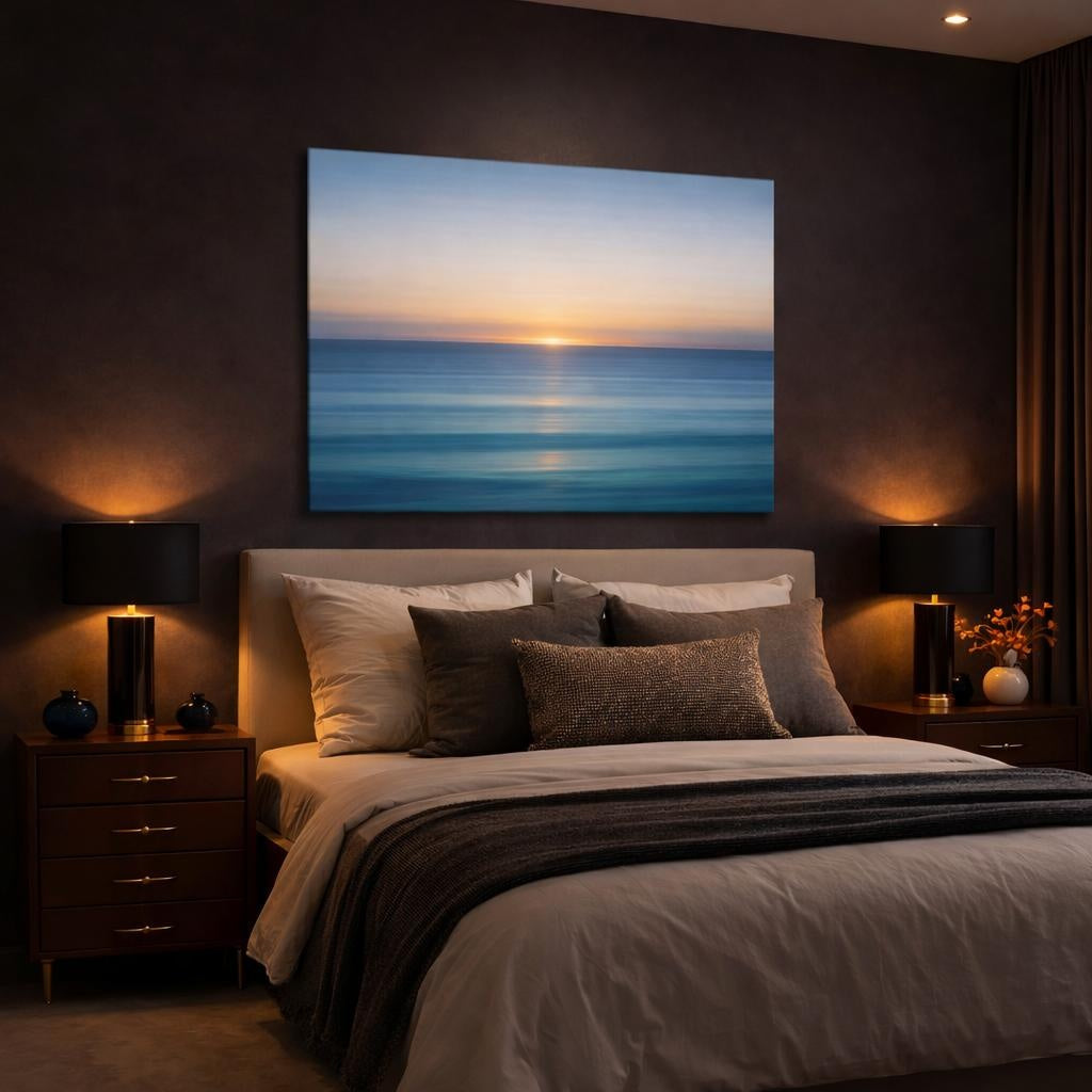 Abstract Ocean Horizon shown as canvas wall art in a luxury bedroom