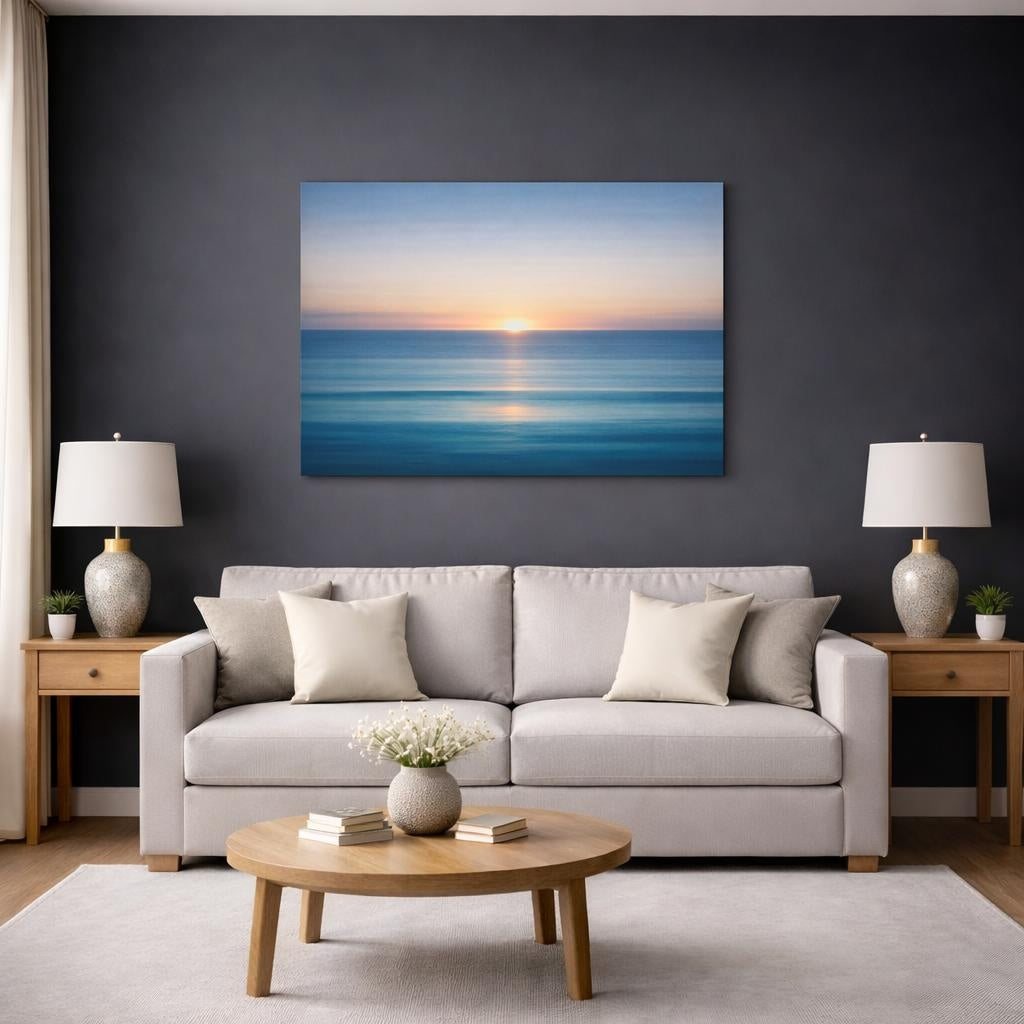 Abstract Ocean Horizon shown as canvas wall art in a modern living room