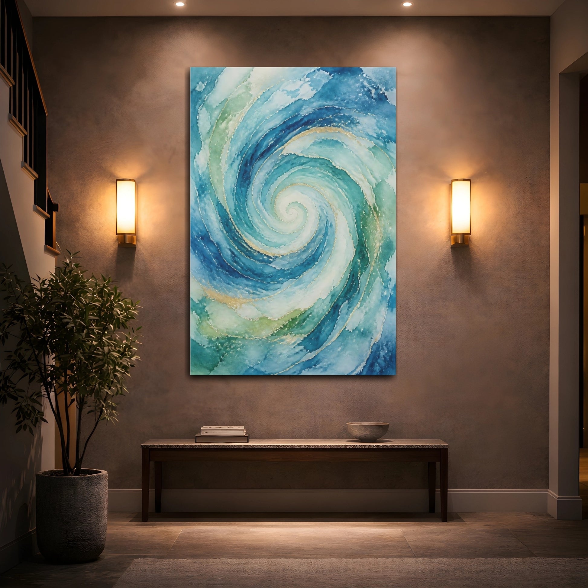 Mockup 2. Abstract Ocean Spiral shown as canvas print