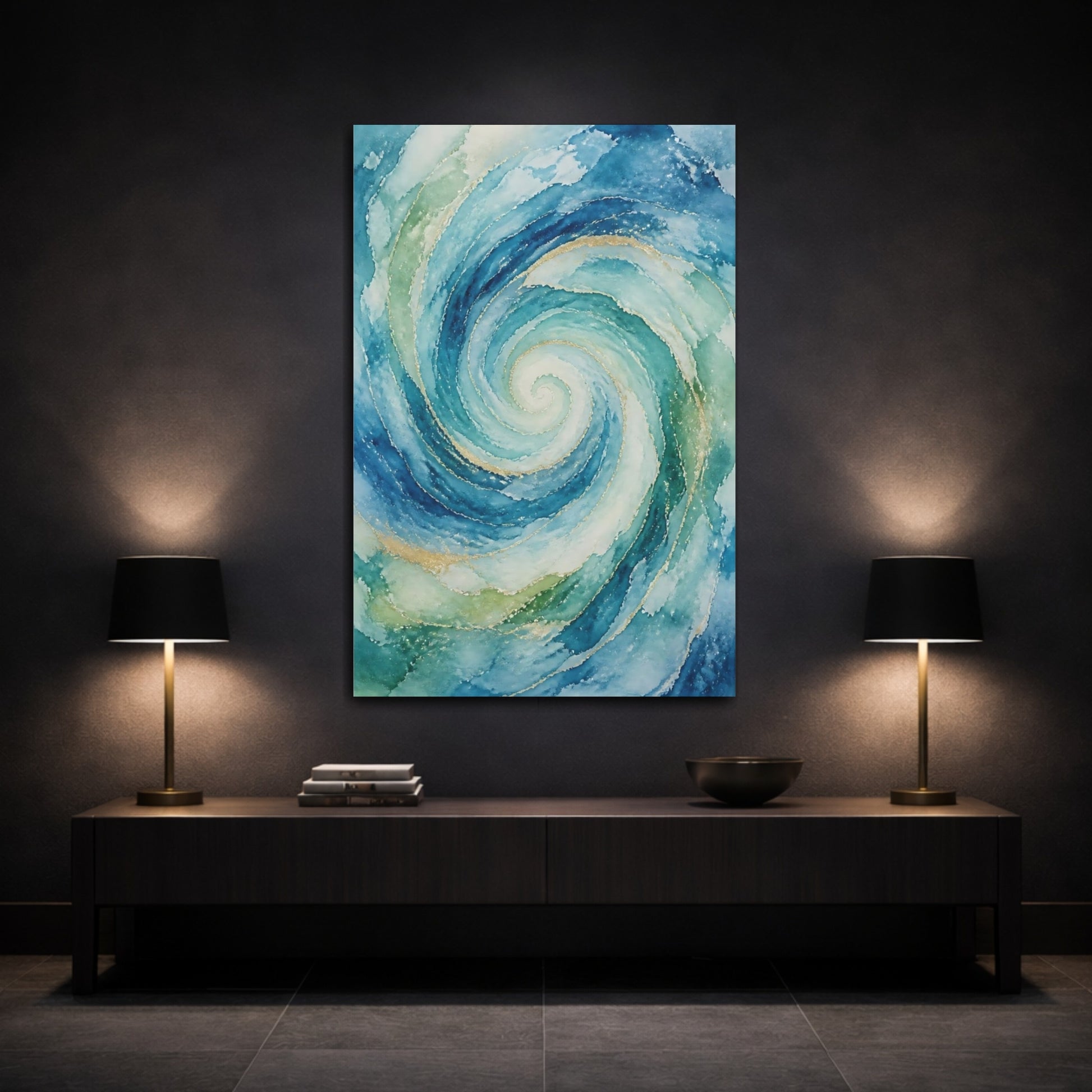 Mockup 3. Abstract Ocean Spiral shown as canvas print