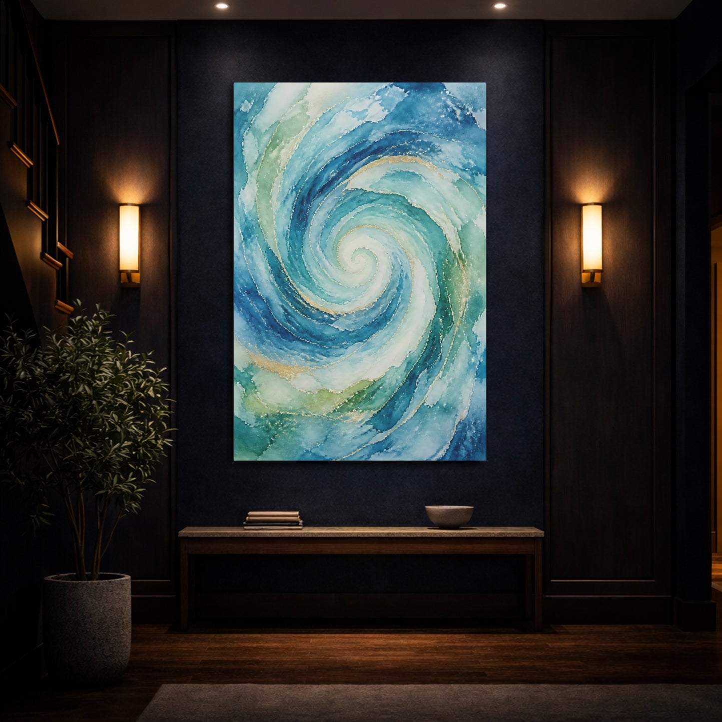 Mockup 4. Abstract Ocean Spiral shown as canvas print