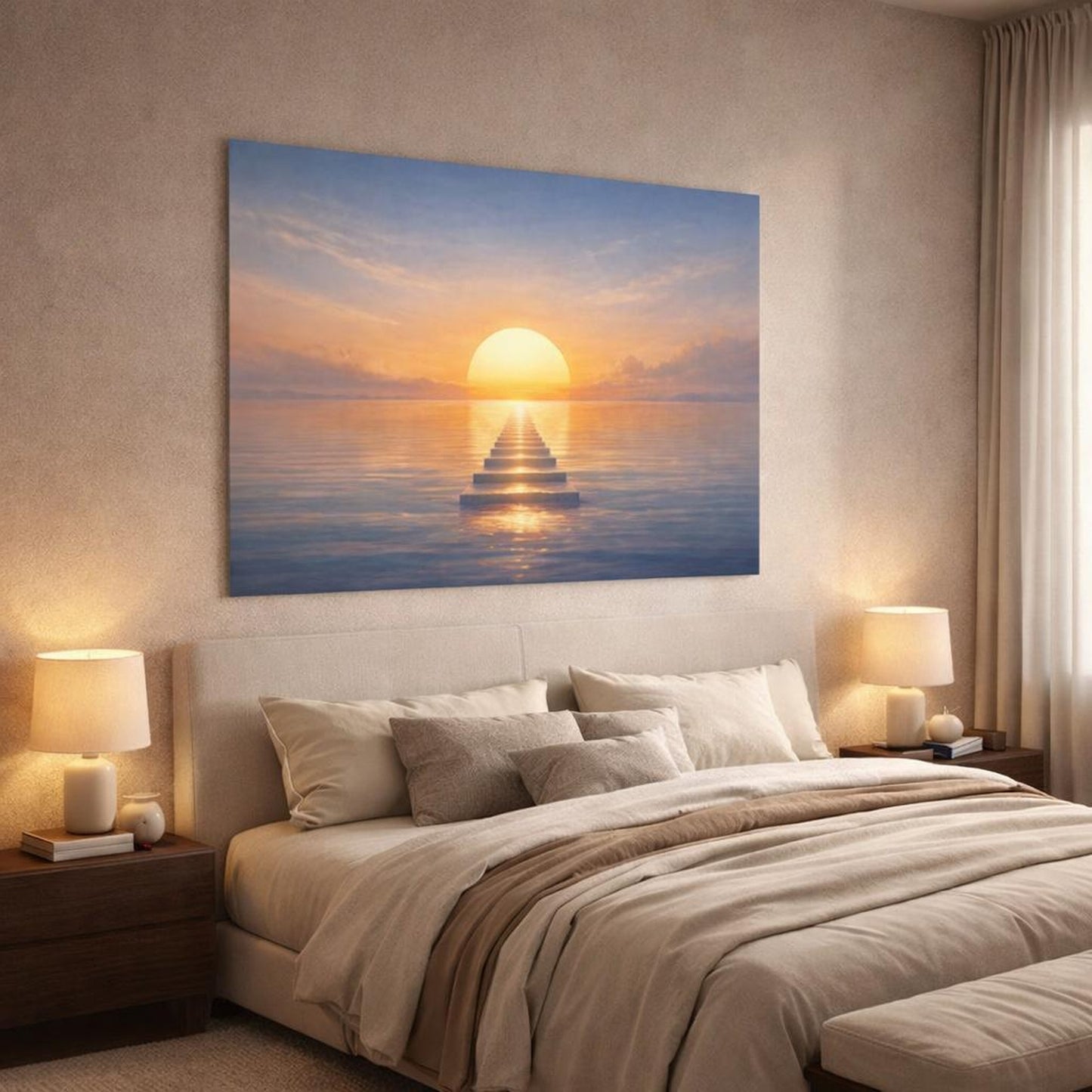 Abstract Ocean Sunset shown as canvas wall art in a luxury bedroom
