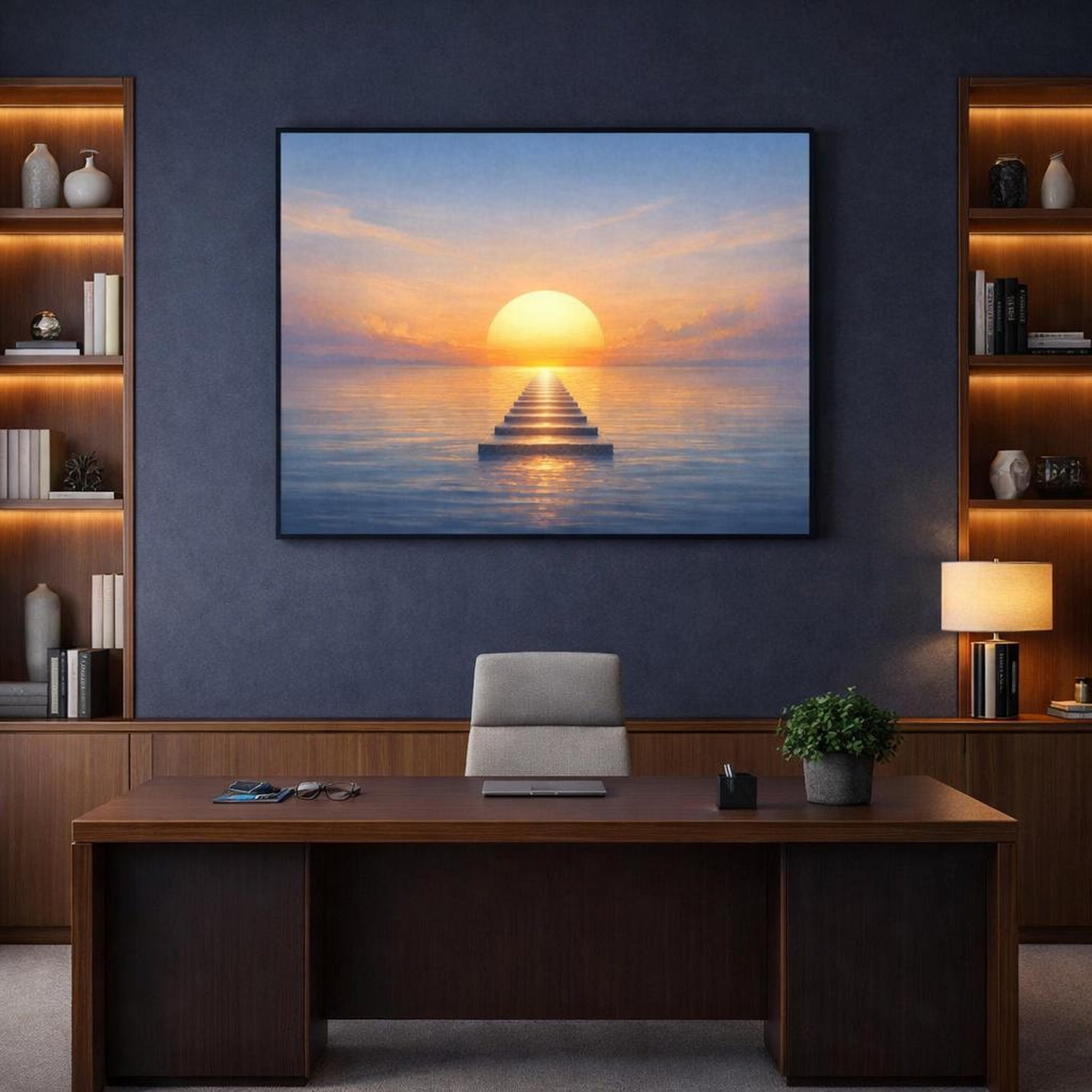 Abstract Ocean Sunset shown as canvas wall art in a luxury executive office