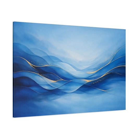 Main Mockup. Abstract Ocean Waves Blue And Gold shown as stretched canvas wall art