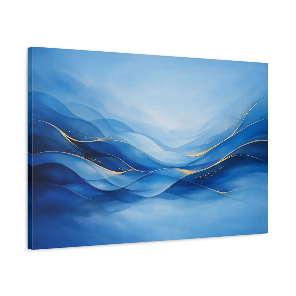 Side Mockup 2. Abstract Ocean Waves Blue And Gold shown as stretched canvas wall art