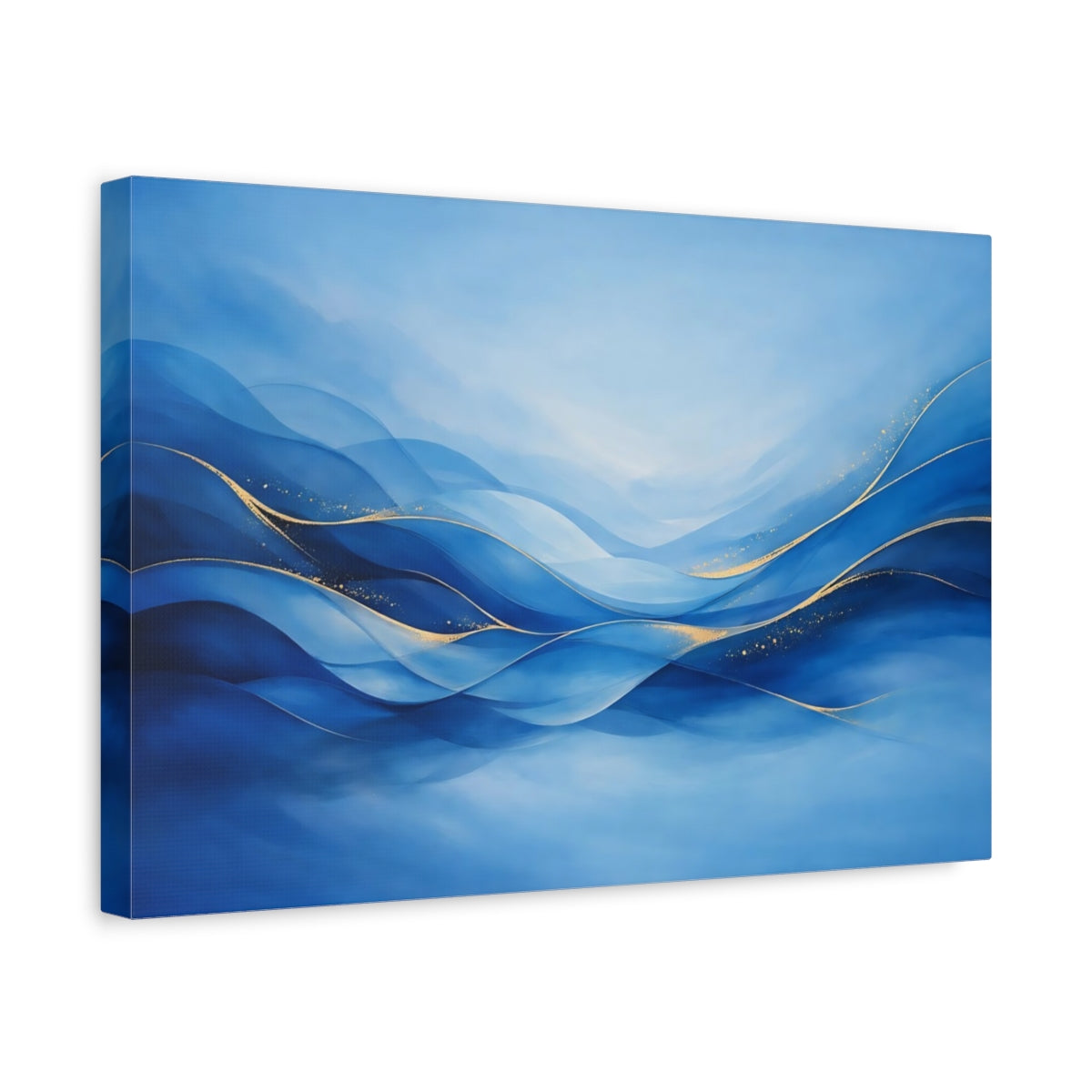 Side Mockup 4. Abstract Ocean Waves Blue And Gold shown as stretched canvas wall art