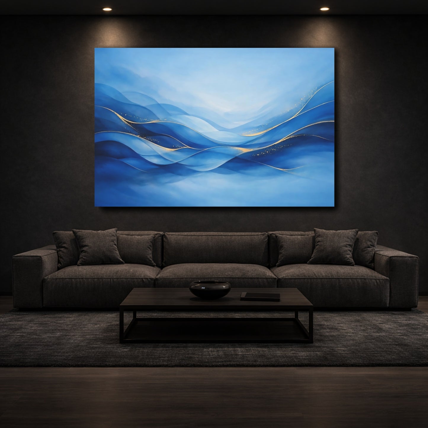 Mockup 2. Abstract Ocean Waves Blue And Gold shown as stretched canvas wall art