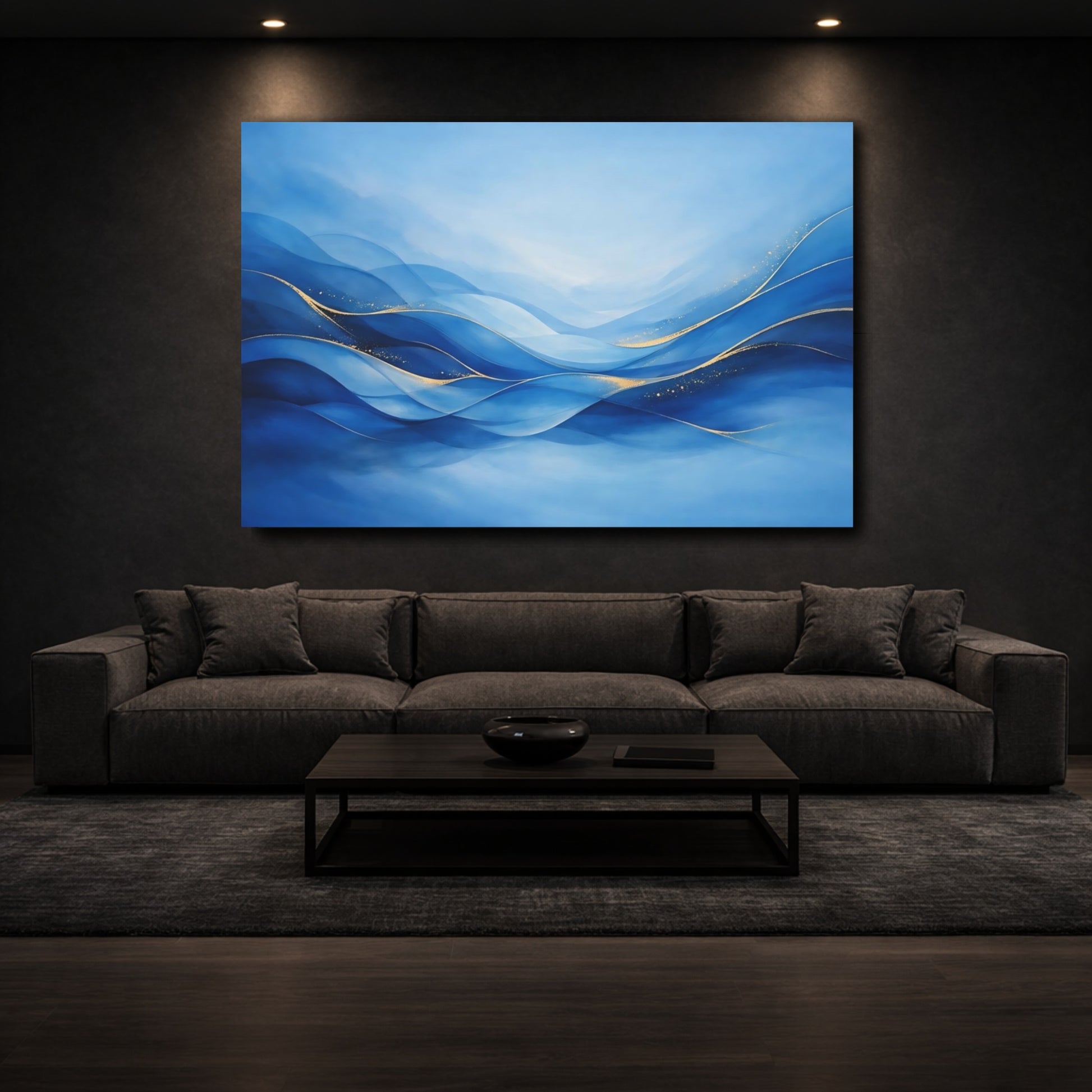 Mockup 2. Abstract Ocean Waves Blue And Gold shown as stretched canvas wall art