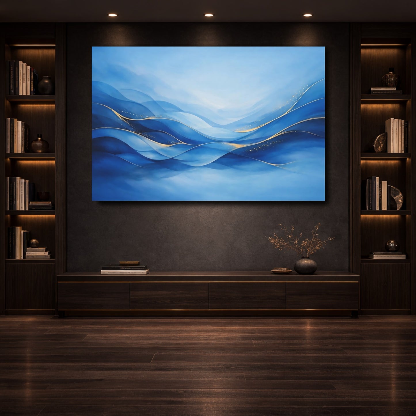 Mockup 3. Abstract Ocean Waves Blue And Gold shown as stretched canvas wall art