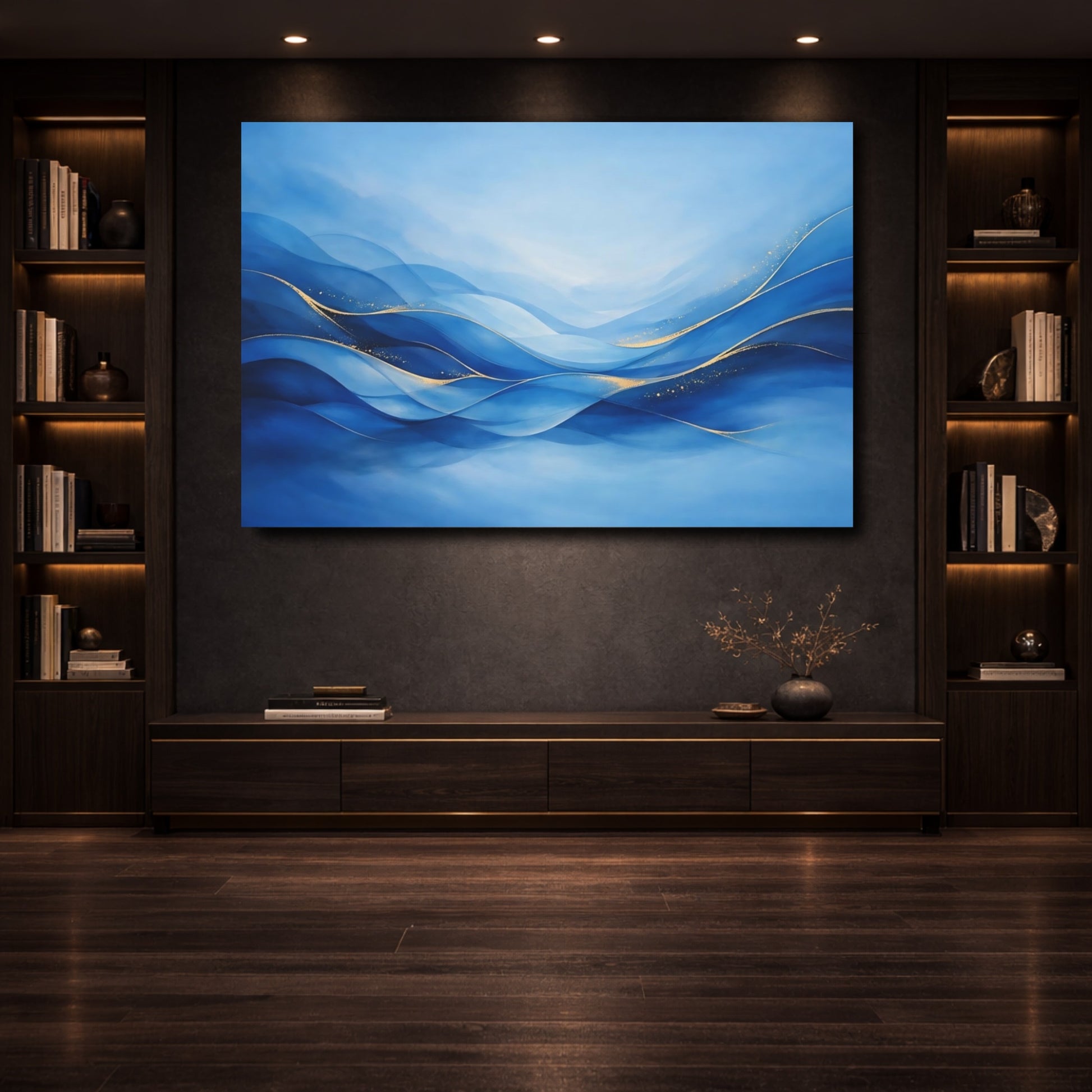 Mockup 3. Abstract Ocean Waves Blue And Gold shown as stretched canvas wall art