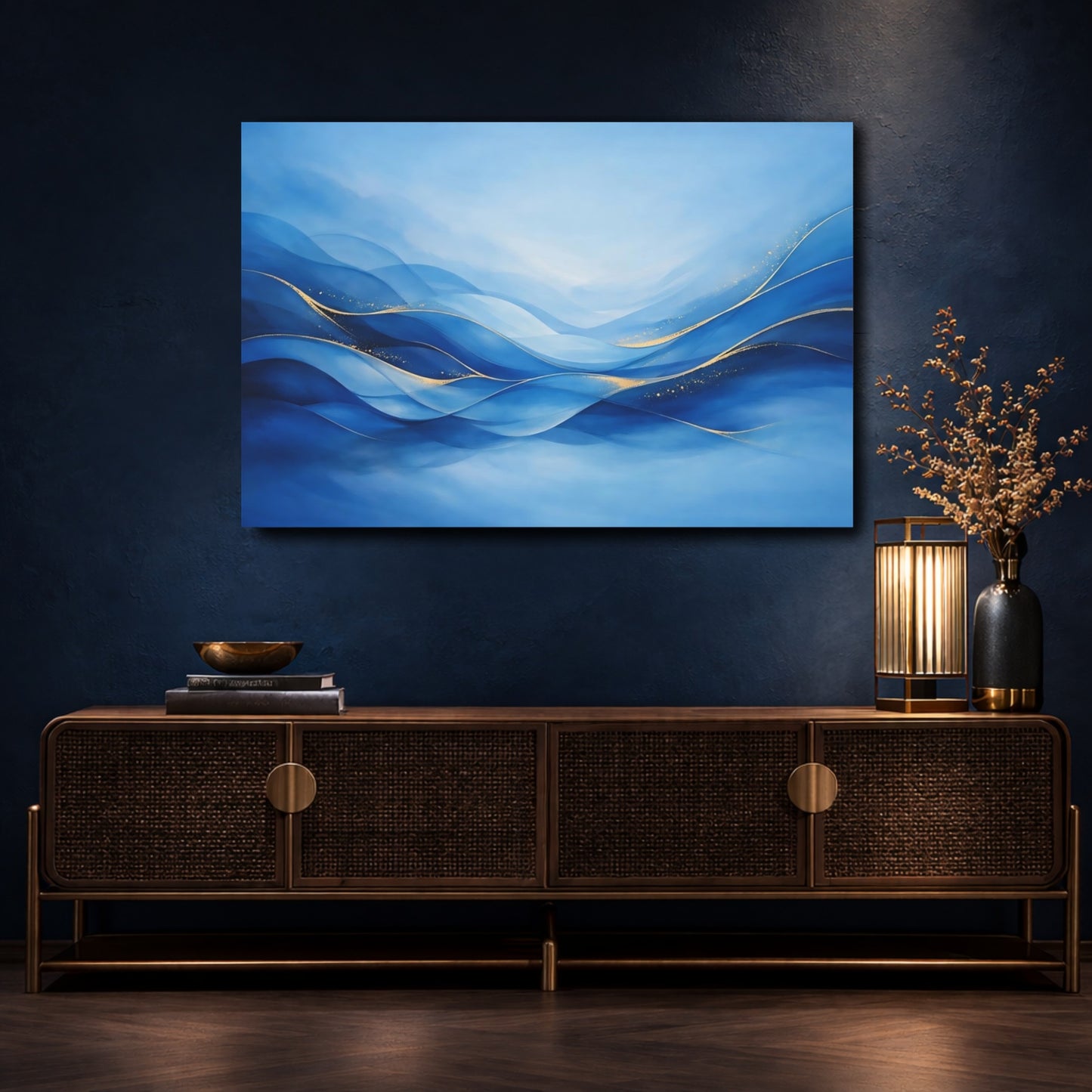 Mockup 4. Abstract Ocean Waves Blue And Gold shown as stretched canvas wall art
