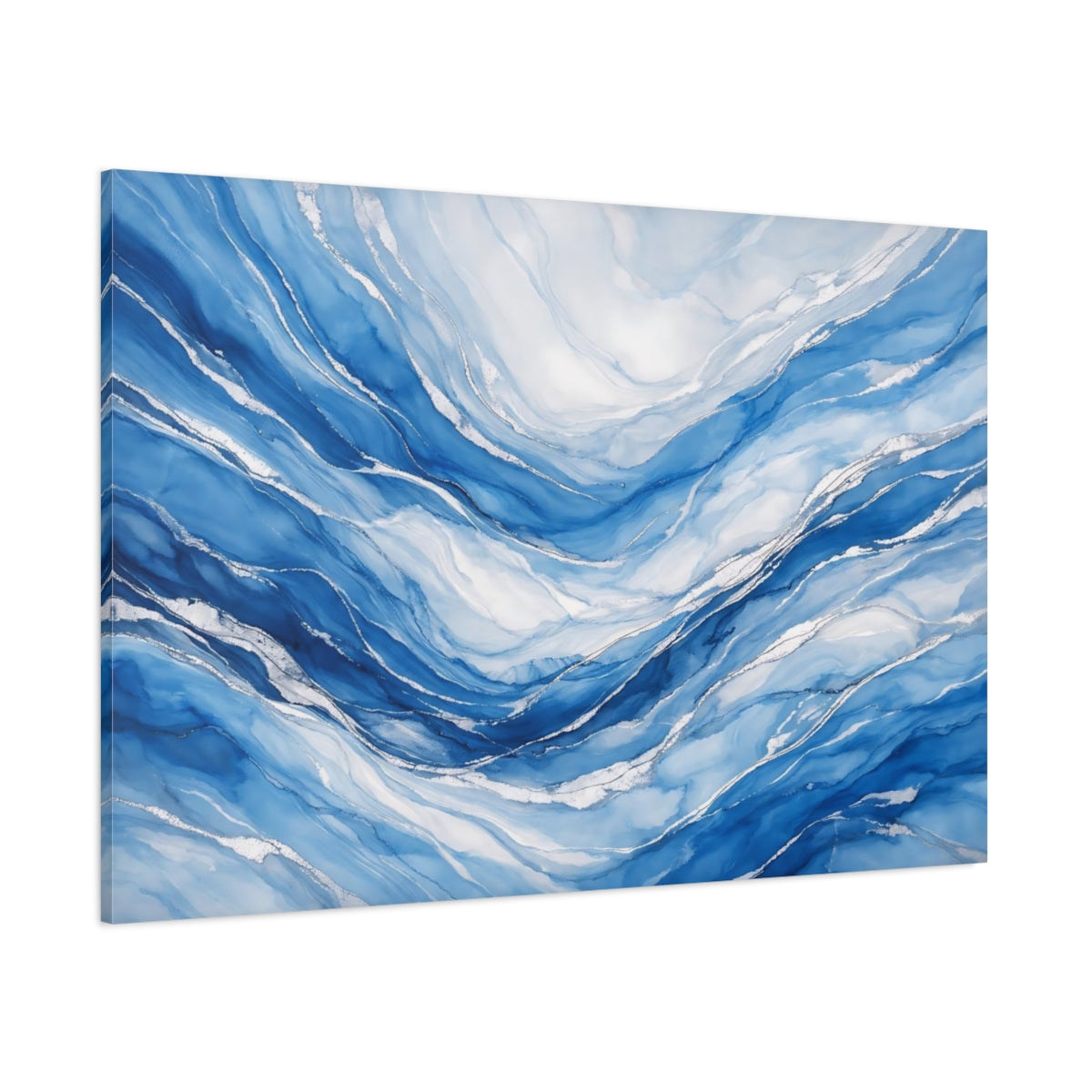 Main Mockup. Abstract Ocean Waves Blue And Silver shown as stretched canvas wall art
