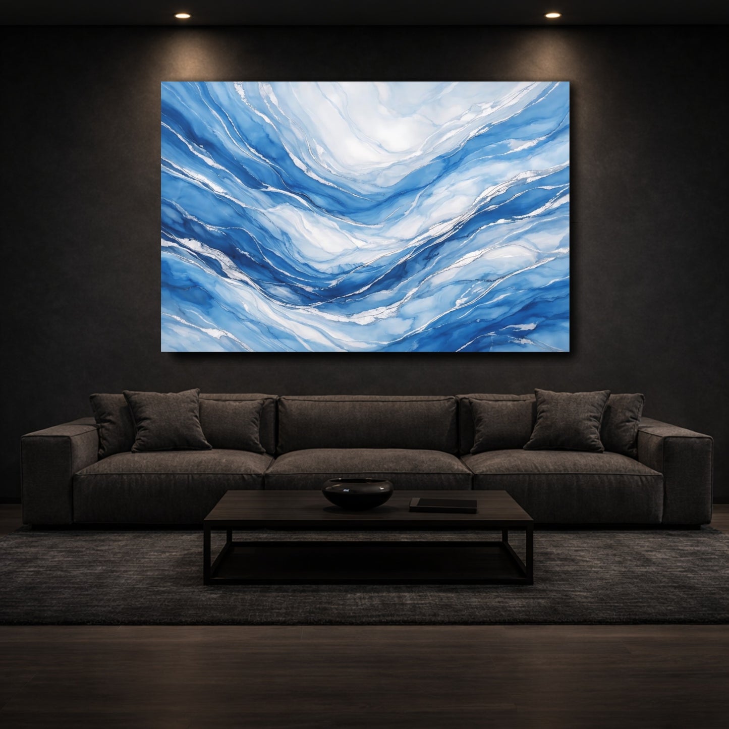 Mockup 2. Abstract Ocean Waves Blue And Silver shown as stretched canvas wall art