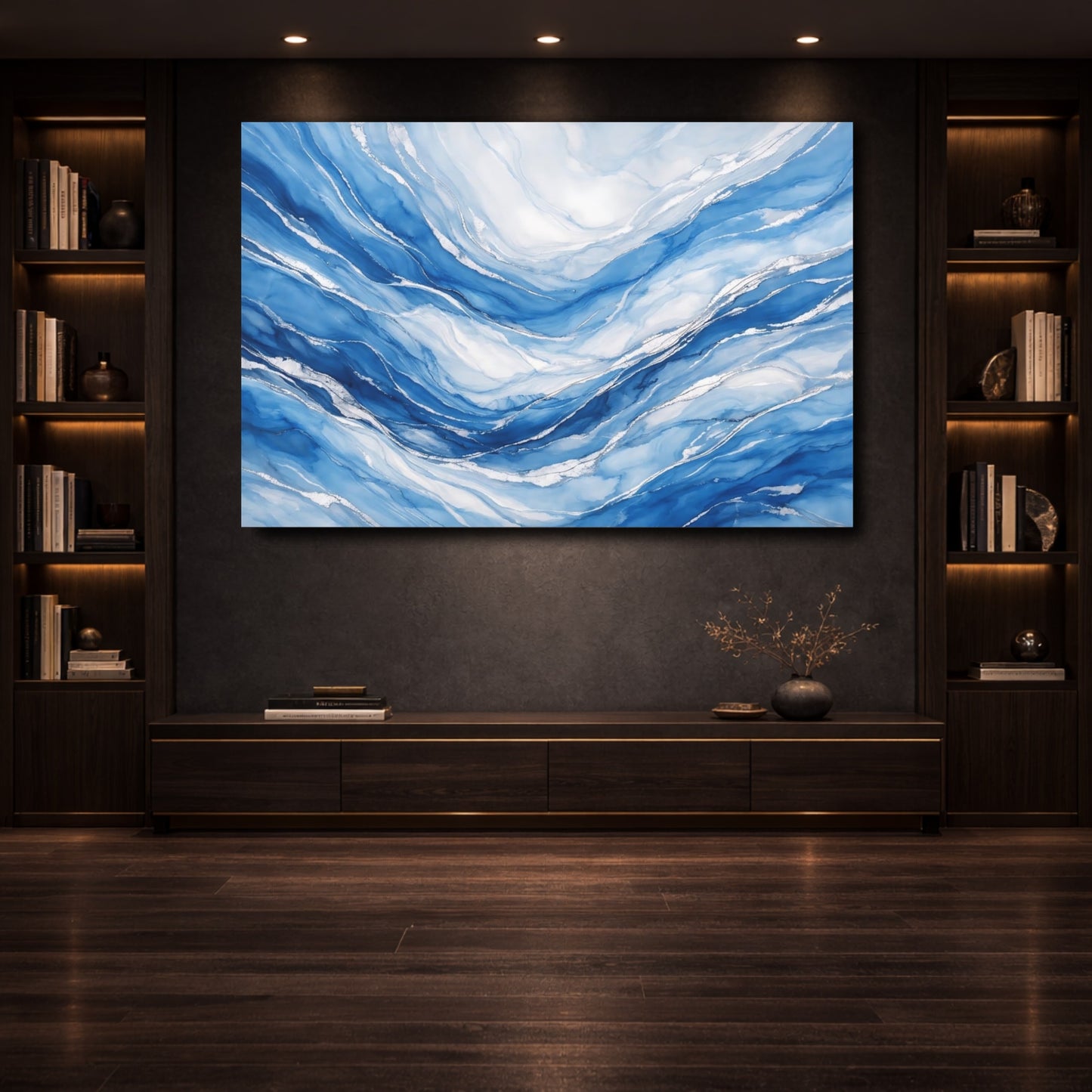 Mockup 3. Abstract Ocean Waves Blue And Silver shown as stretched canvas wall art