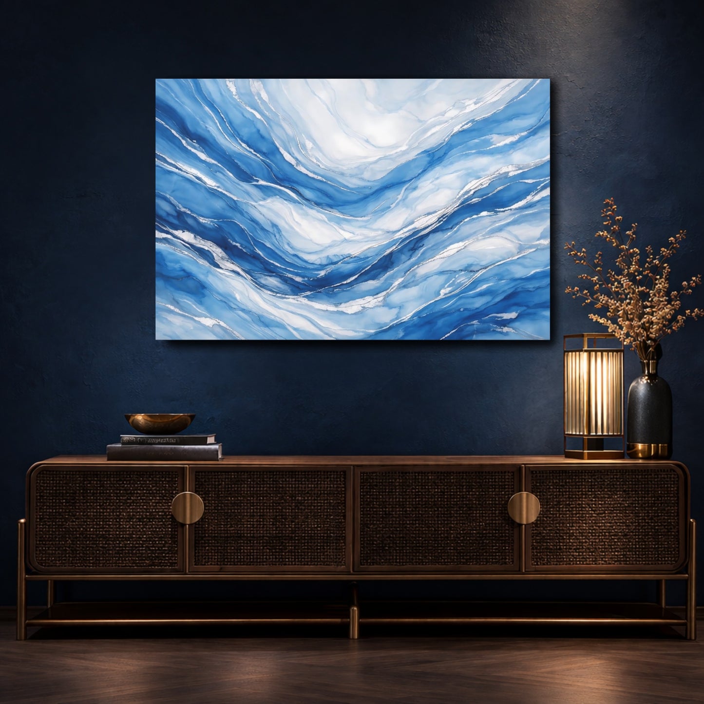 Mockup 4. Abstract Ocean Waves Blue And Silver shown as stretched canvas wall art