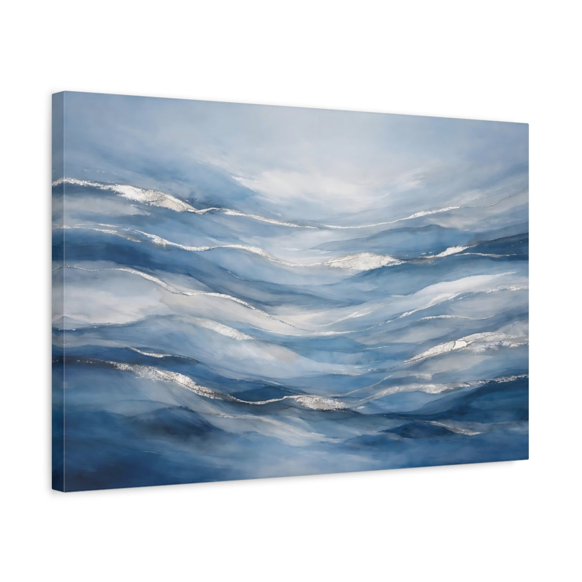 Side Mockup 3. Abstract Ocean Waves Blue Silver Waves shown as stretched canvas wall art
