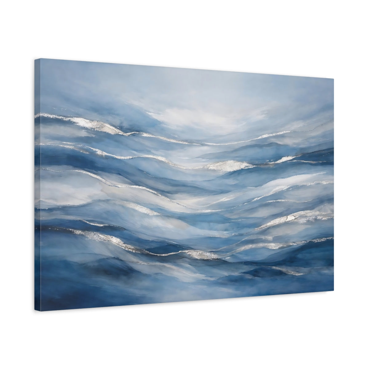 Side Mockup 2. Abstract Ocean Waves Blue Silver Waves shown as stretched canvas wall art