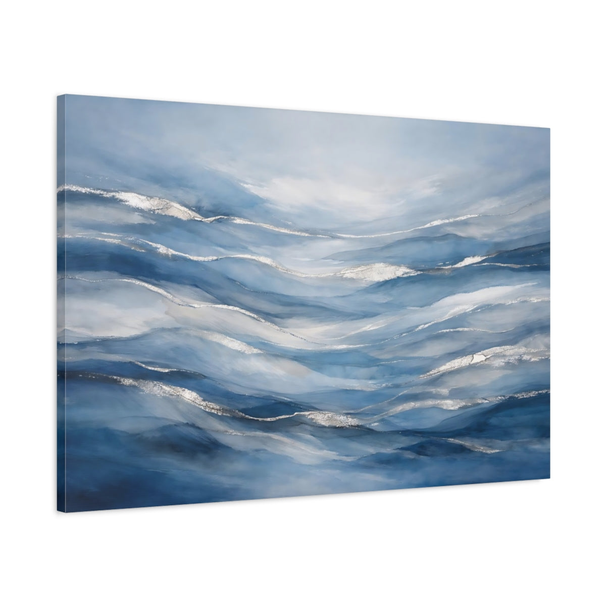 Side Mockup 1. Abstract Ocean Waves Blue Silver Waves shown as stretched canvas wall art