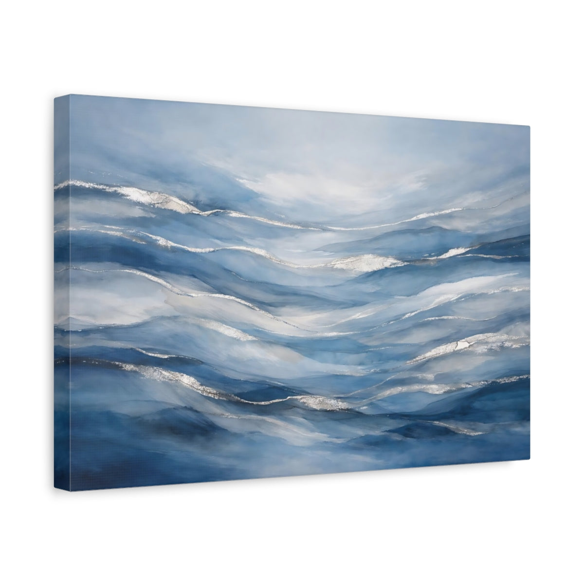 Side Mockup 4. Abstract Ocean Waves Blue Silver Waves shown as stretched canvas wall art