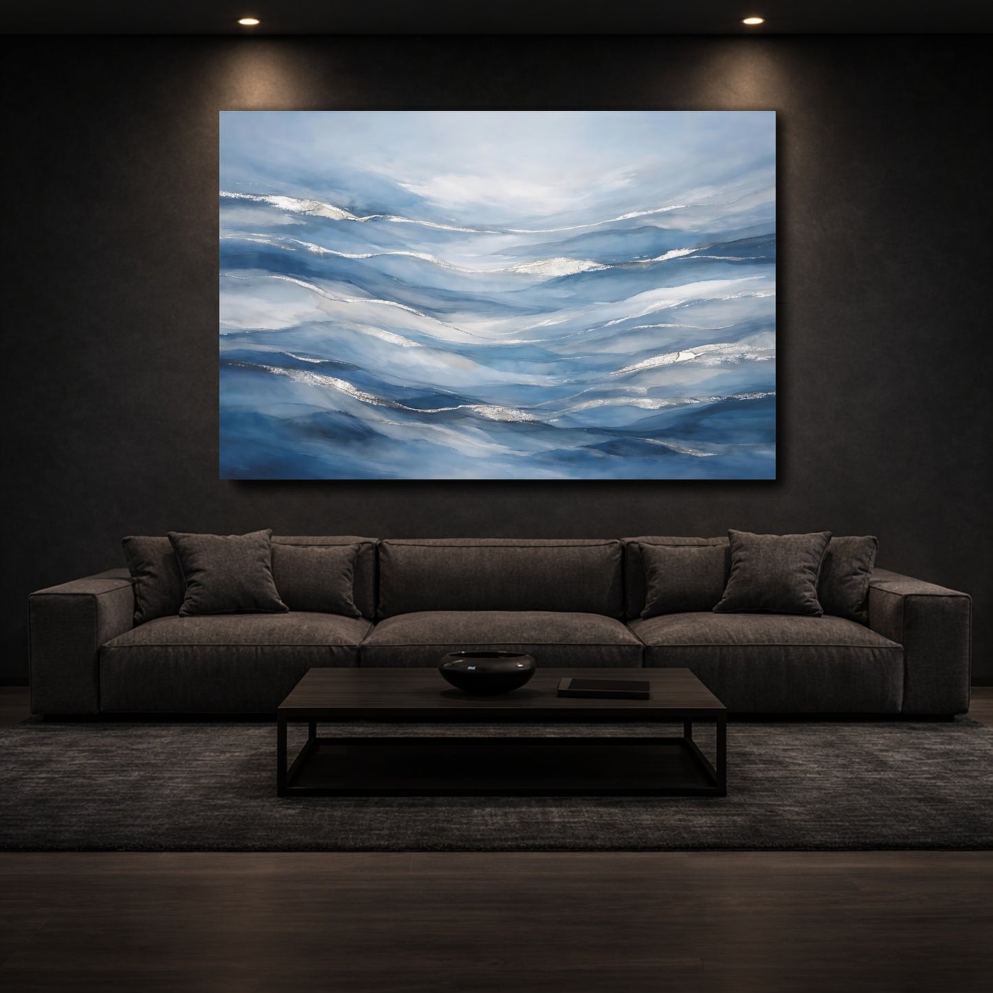 Mockup 2. Abstract Ocean Waves Blue Silver Waves shown as stretched canvas wall art