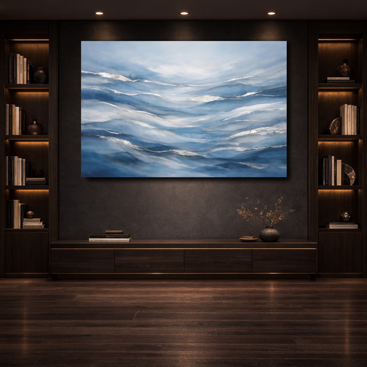 Mockup 3. Abstract Ocean Waves Blue Silver Waves shown as stretched canvas wall art