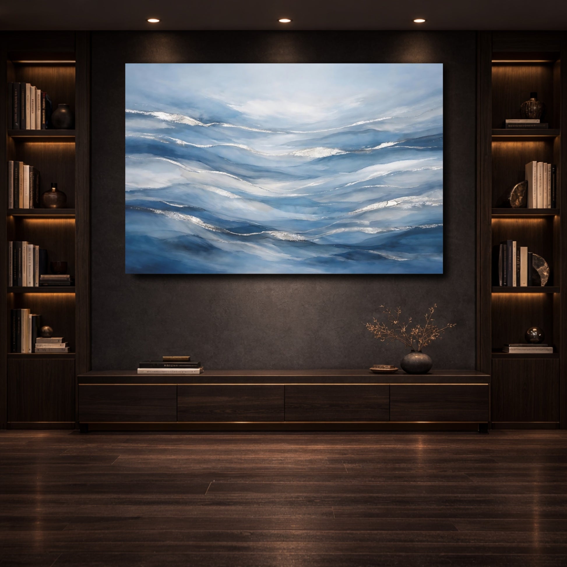 Mockup 3. Abstract Ocean Waves Blue Silver Waves shown as stretched canvas wall art