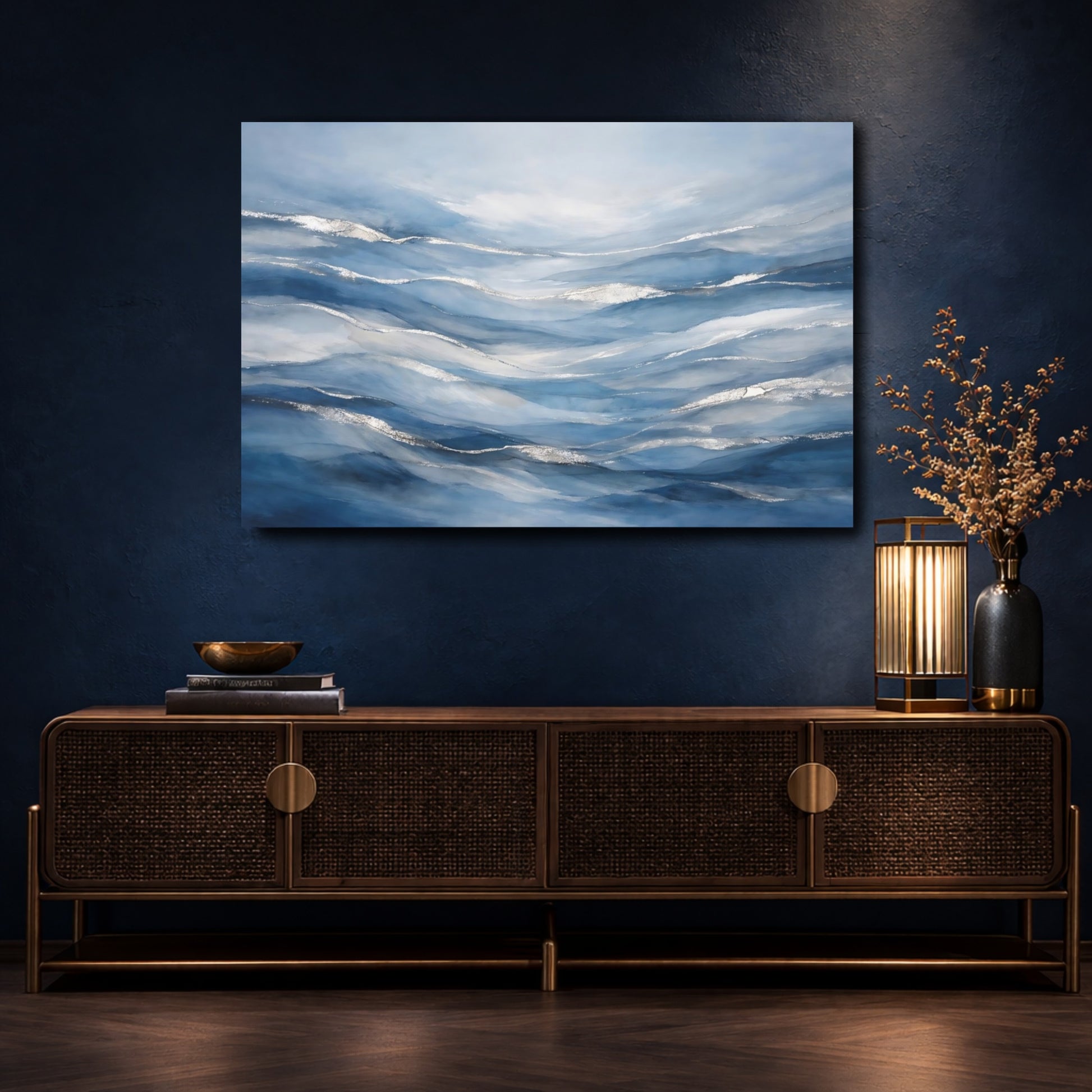 Mockup 4. Abstract Ocean Waves Blue Silver Waves shown as stretched canvas wall art