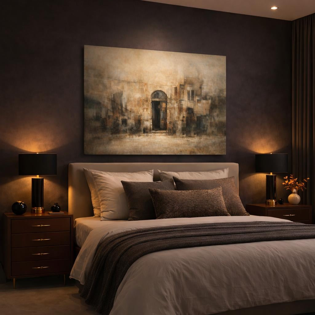 Abstract Old Building Brown And Beige shown as canvas wall art in a luxury bedroom