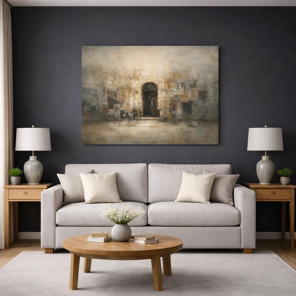 Abstract Old Building Brown And Beige shown as canvas wall art in a modern living room