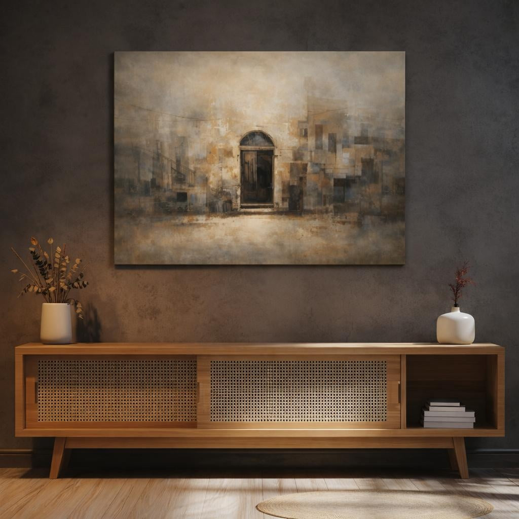 Abstract Old Building Brown And Beige shown as canvas wall art in a luxury executive office