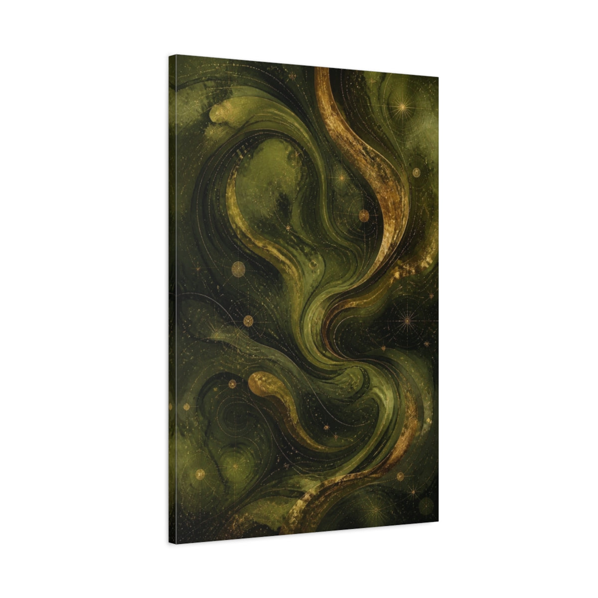 Main Mockup. Abstract Olive Swirls shown as canvas print