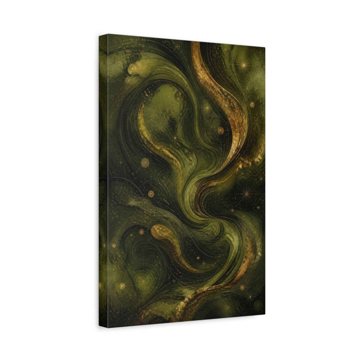 Side Mockup 4. Abstract Olive Swirls shown as canvas print