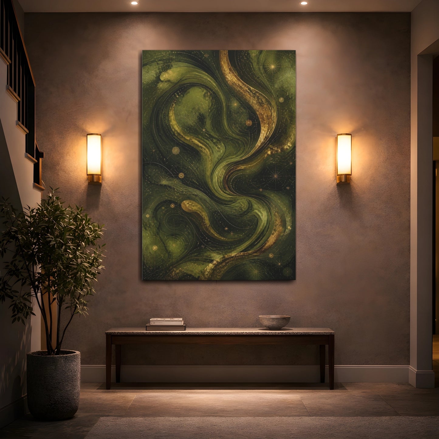 Mockup 2. Abstract Olive Swirls shown as canvas print