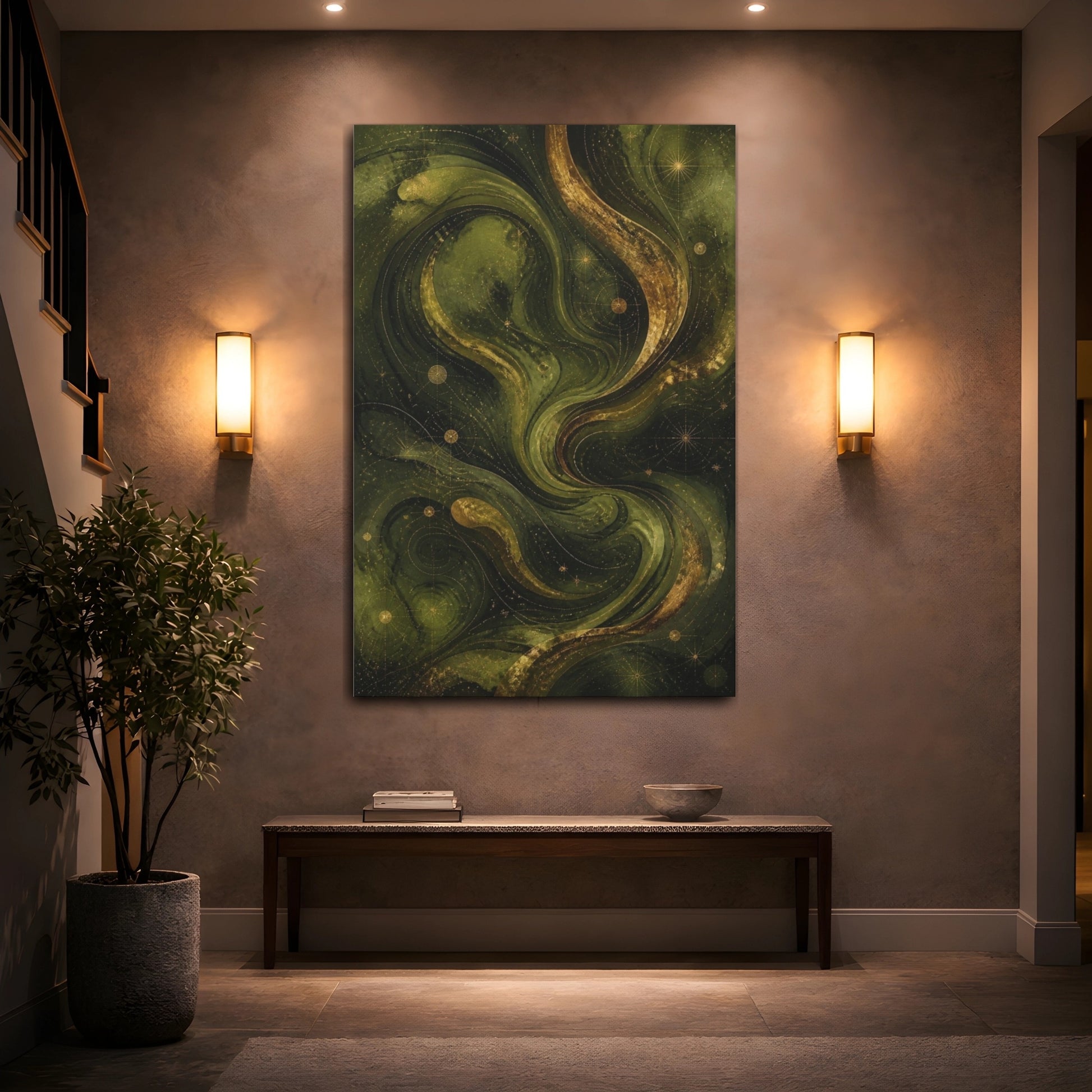 Mockup 2. Abstract Olive Swirls shown as canvas print