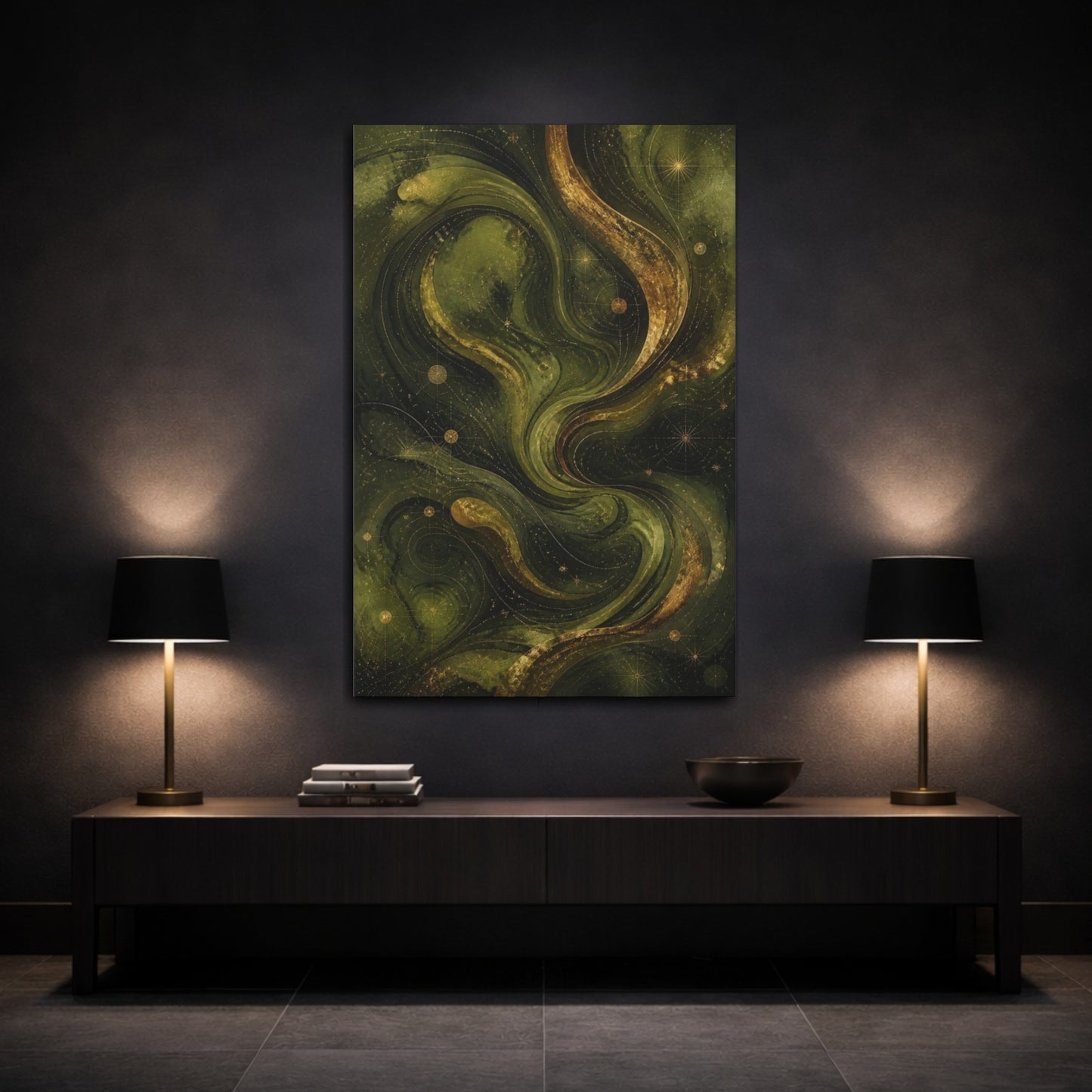 Mockup 3. Abstract Olive Swirls shown as canvas print