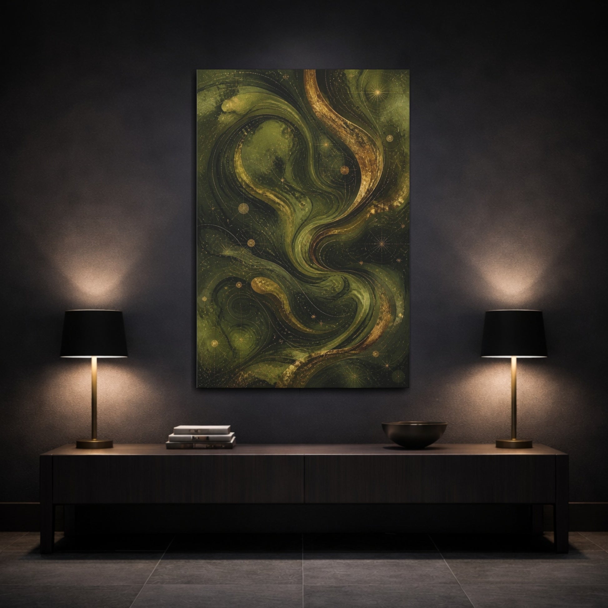 Mockup 3. Abstract Olive Swirls shown as canvas print