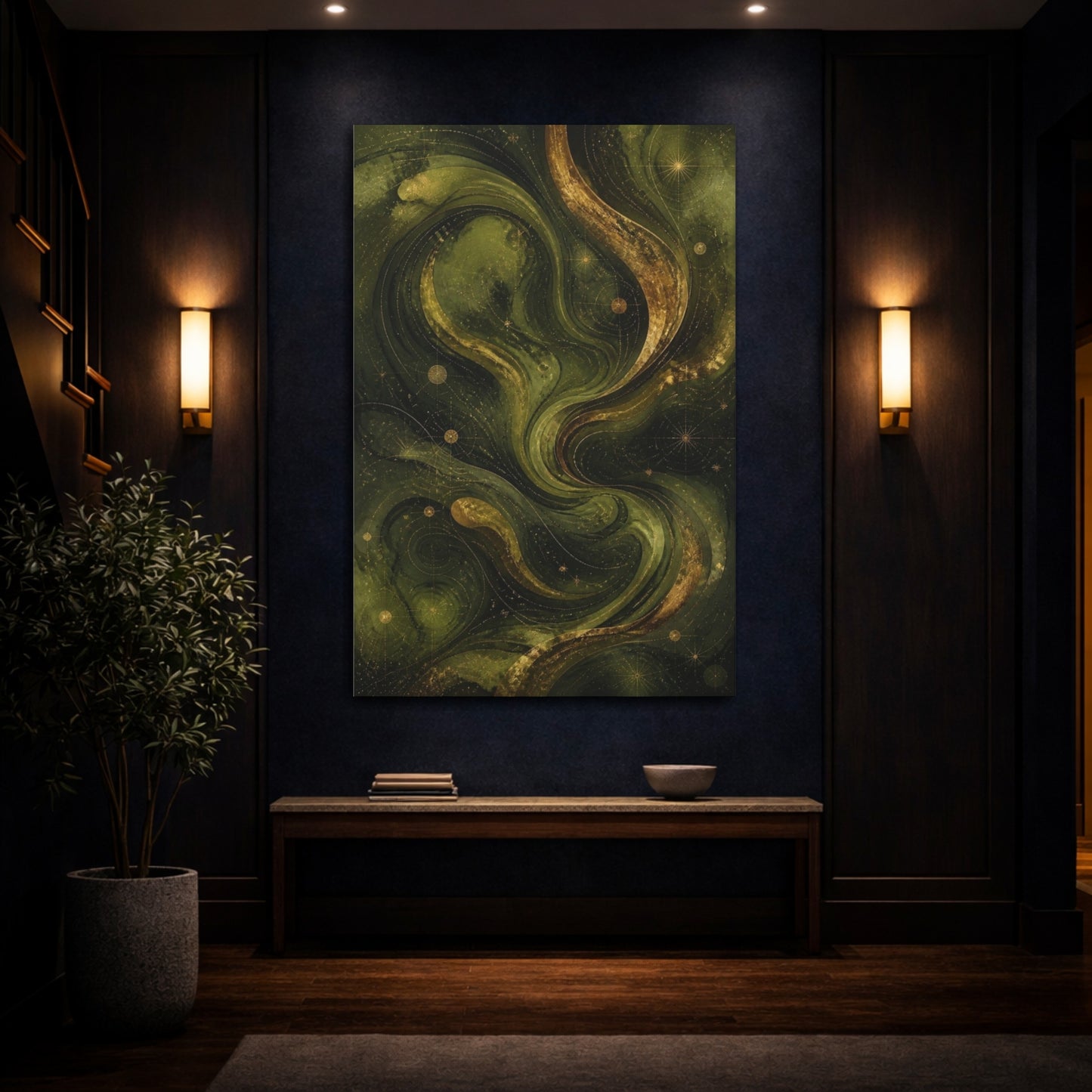 Mockup 4. Abstract Olive Swirls shown as canvas print