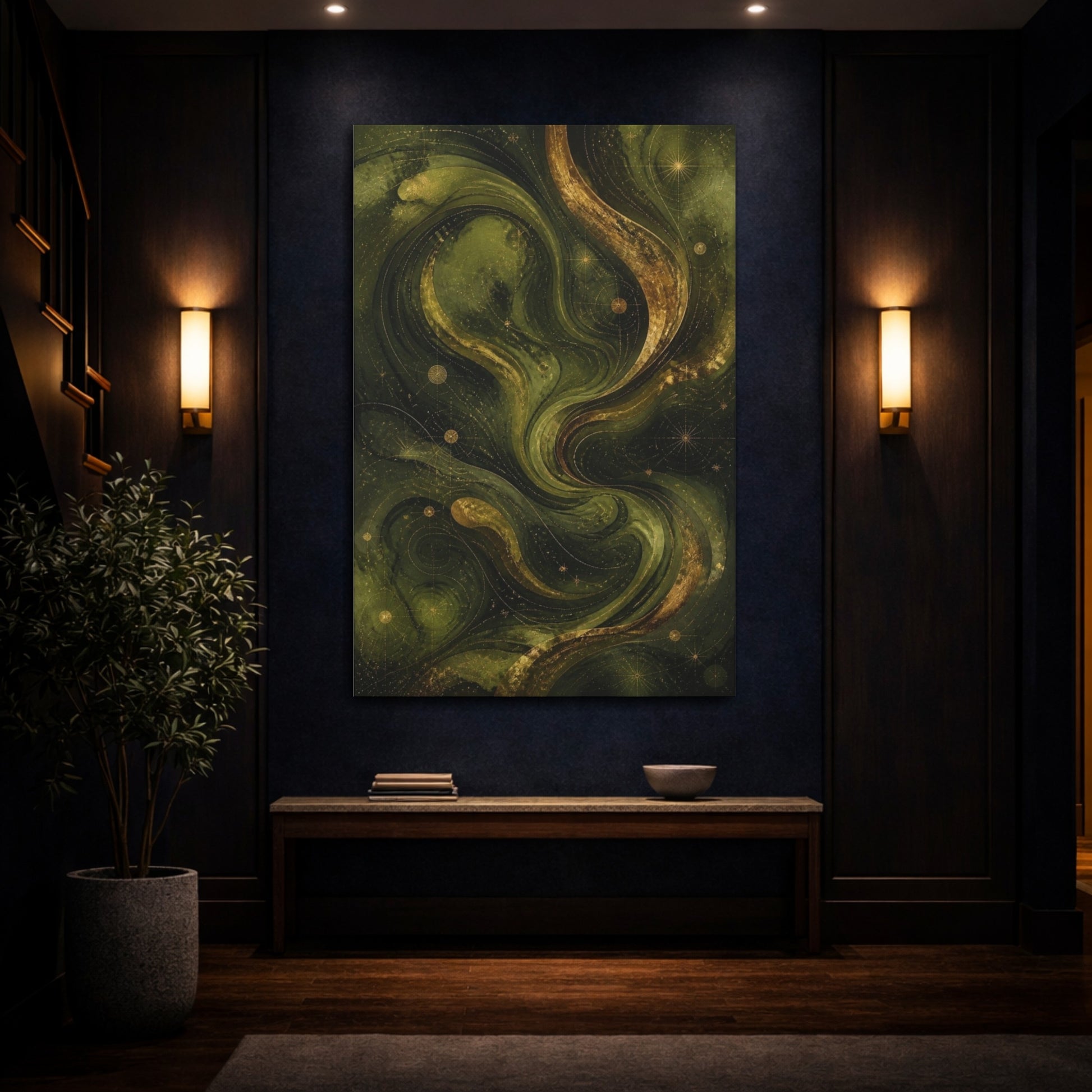 Mockup 4. Abstract Olive Swirls shown as canvas print