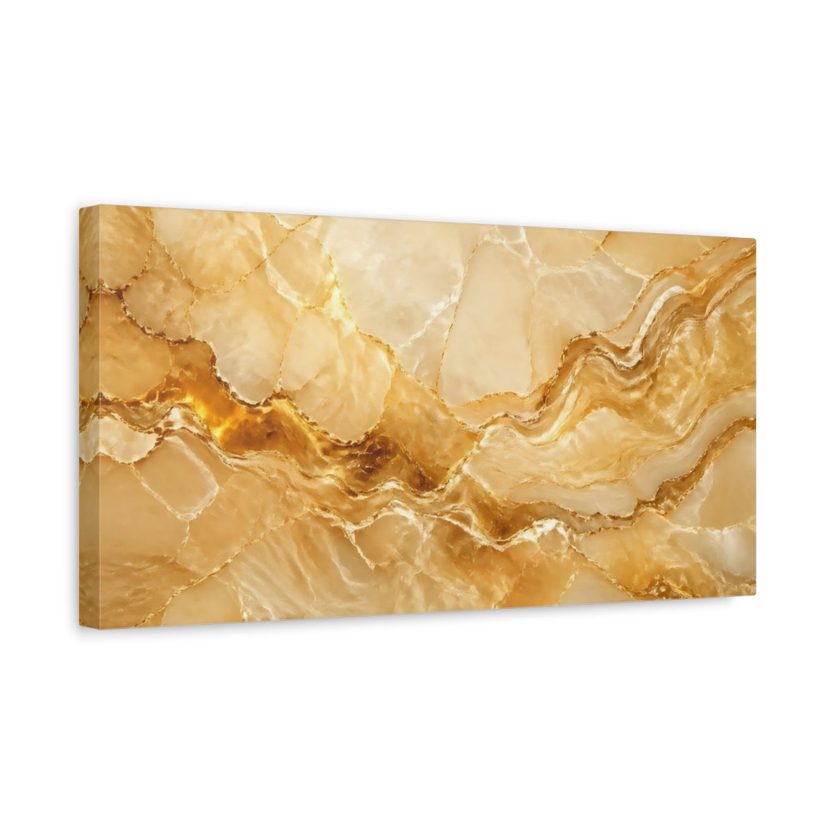 Side Mockup 3. Abstract Onyx Marble Gold And Cream shown as stretched canvas wall art