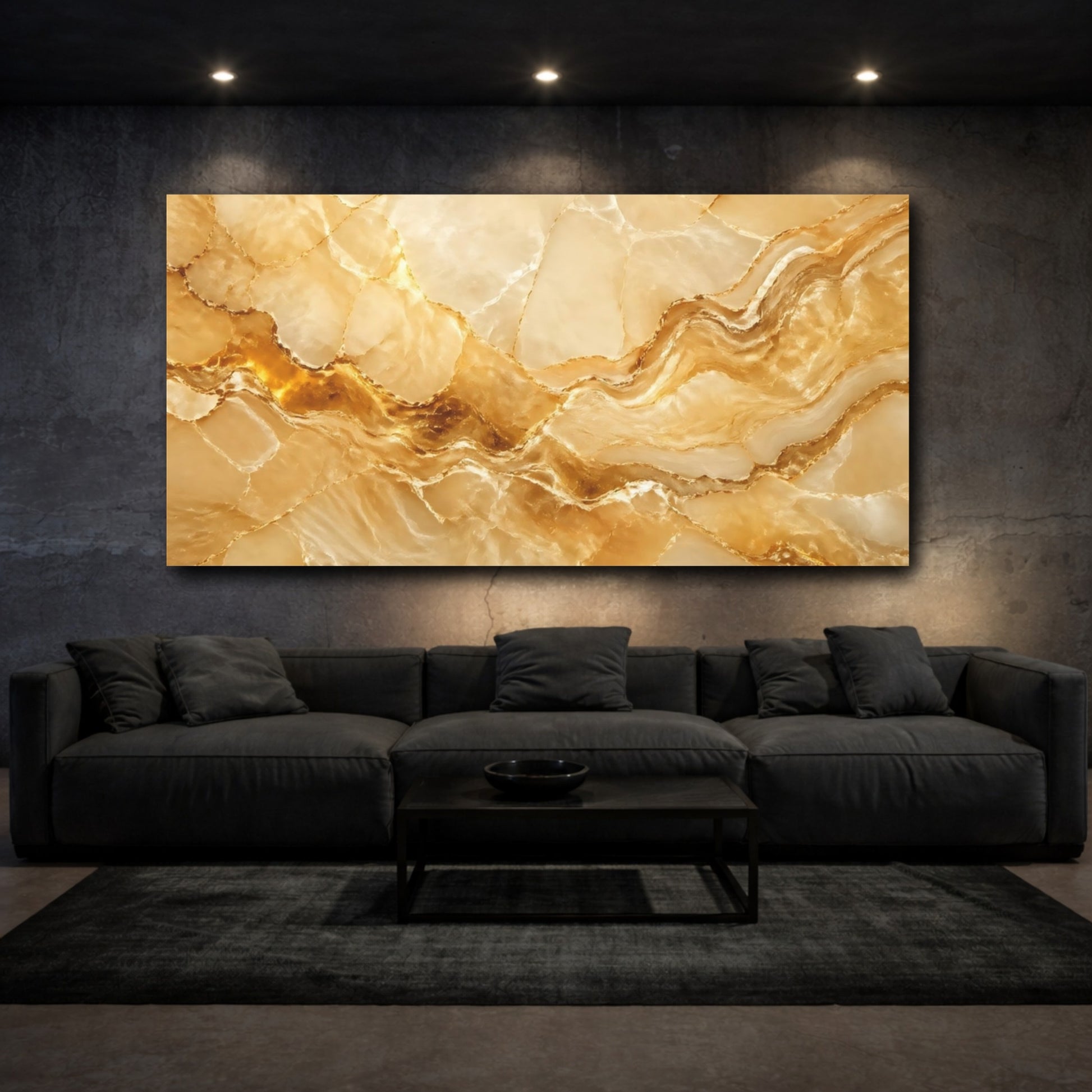 Mockup 2. Abstract Onyx Marble Gold And Cream shown as stretched canvas wall art