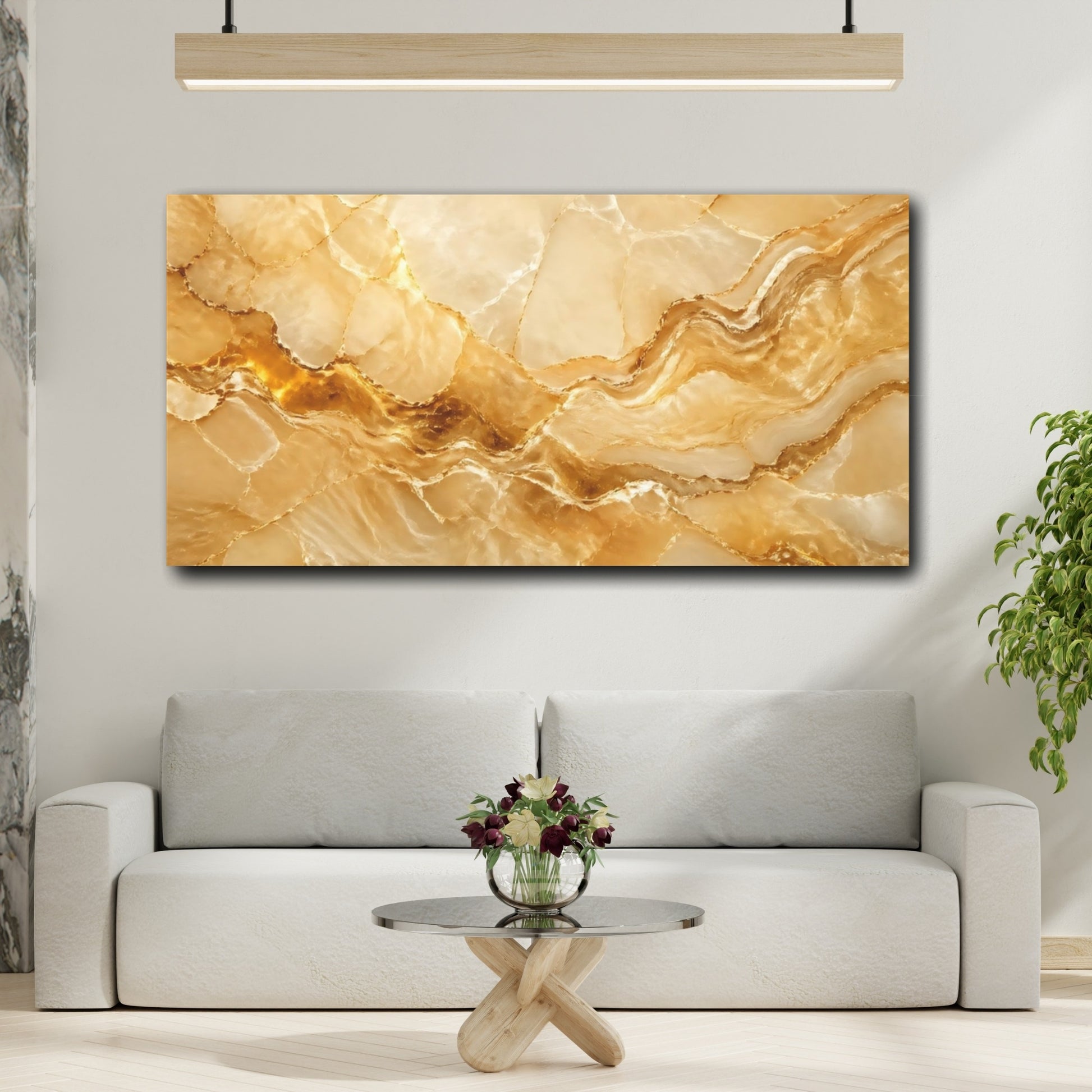 Mockup 3. Abstract Onyx Marble Gold And Cream shown as stretched canvas wall art