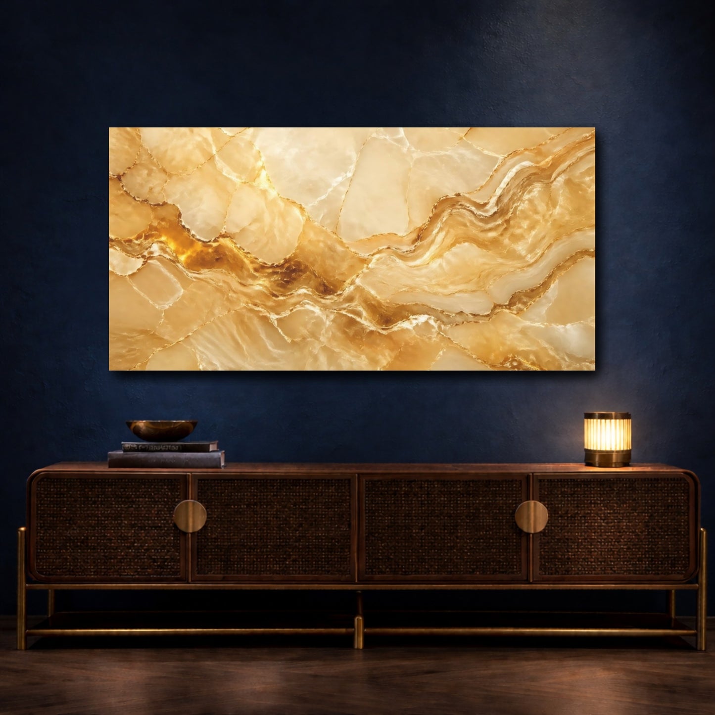 Mockup 4. Abstract Onyx Marble Gold And Cream shown as stretched canvas wall art