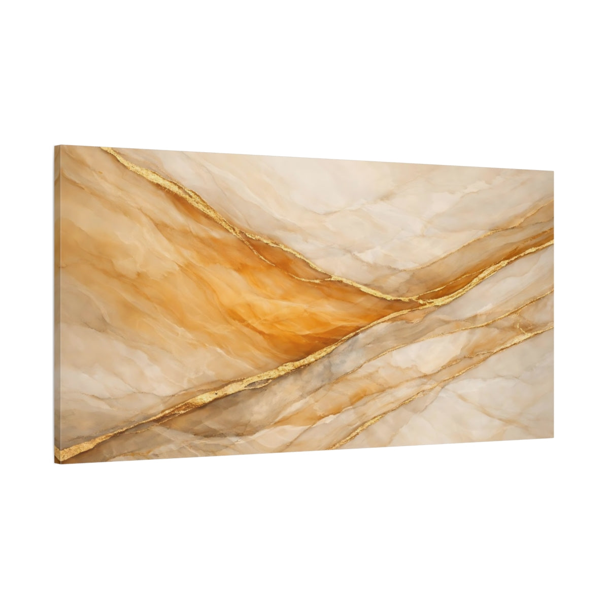 Main Mockup. Abstract Onyx Pattern Gold And Cream shown as stretched canvas wall art